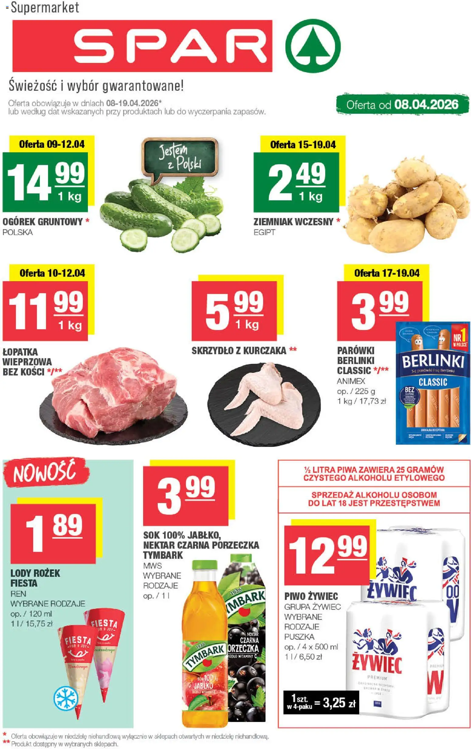 Spar gazetka od 08.04.2026 | Strona: 1 | Produkty: Parówki, Porzeczka, Piwo, Lody