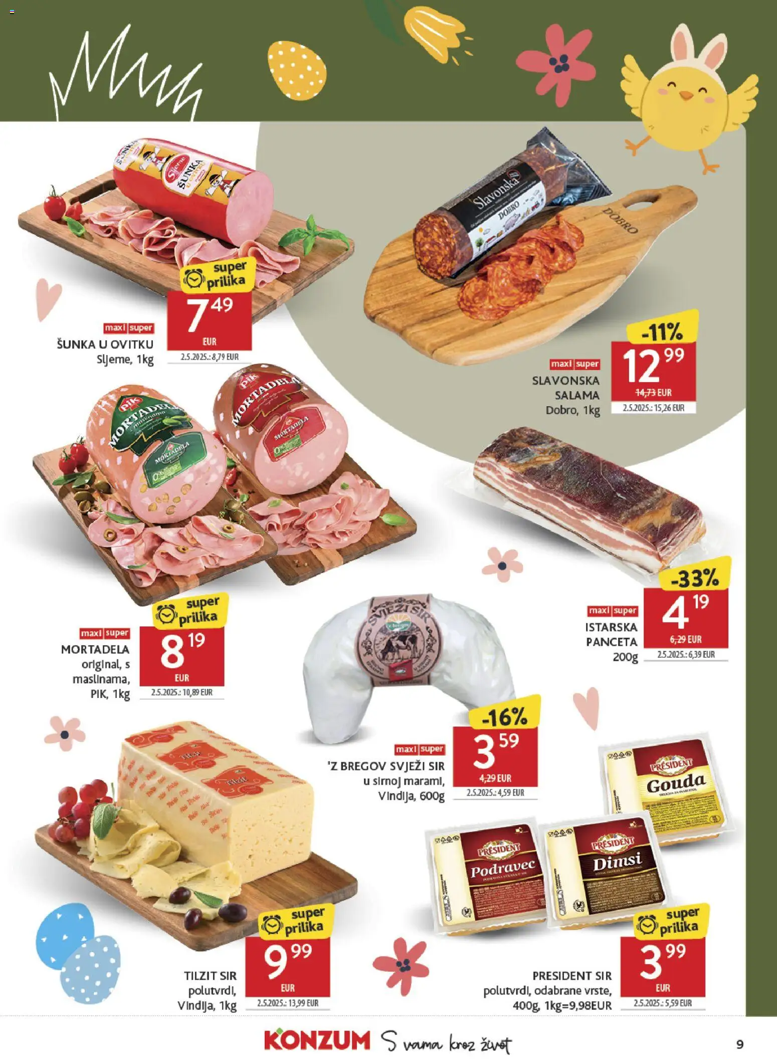 Konzum katalog | vrijedi od 30.03.2026 | Stranica: 9 | Proizvodi: Sir, Salama, Mortadela, Panceta