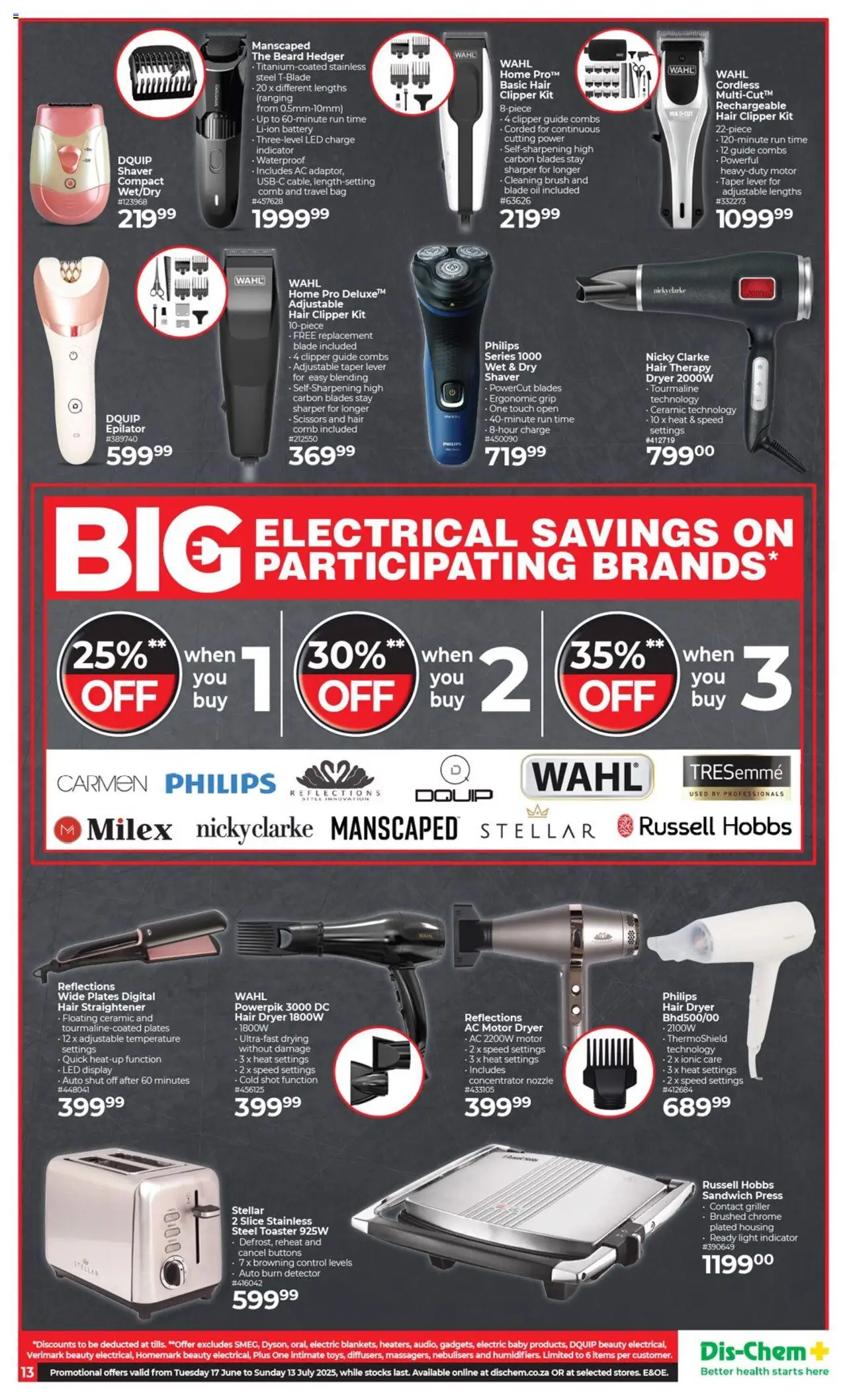 Dis-Chem Big Savings Big Value │ valid from 17.06.2025 | Page: 13 | Products: Travel bag, Hair dryer, Hair clipper, Brush