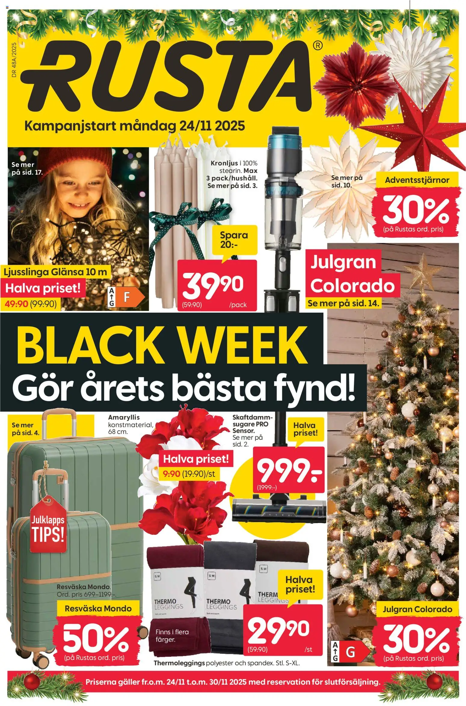 Rusta reklamblad aktuell från 24.11.2025 | Sida: 1 | Produkter: Galler, Leggings, Resväska, Ljusslinga