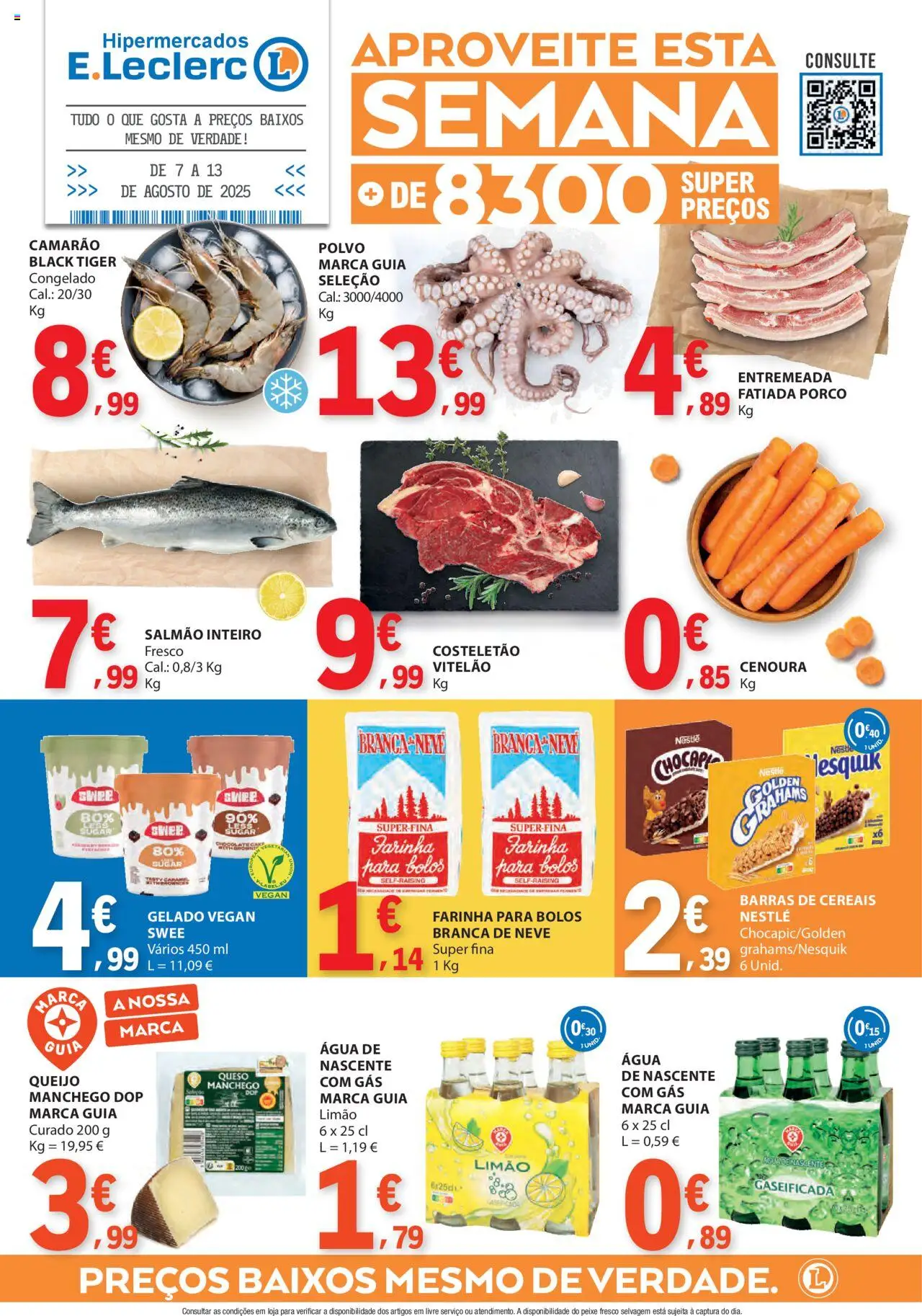 E.Leclerc folheto │ válido de 07.08.2025 | Página: 1 | Produtos: Camarão, Salmão, Gelado, Cereais