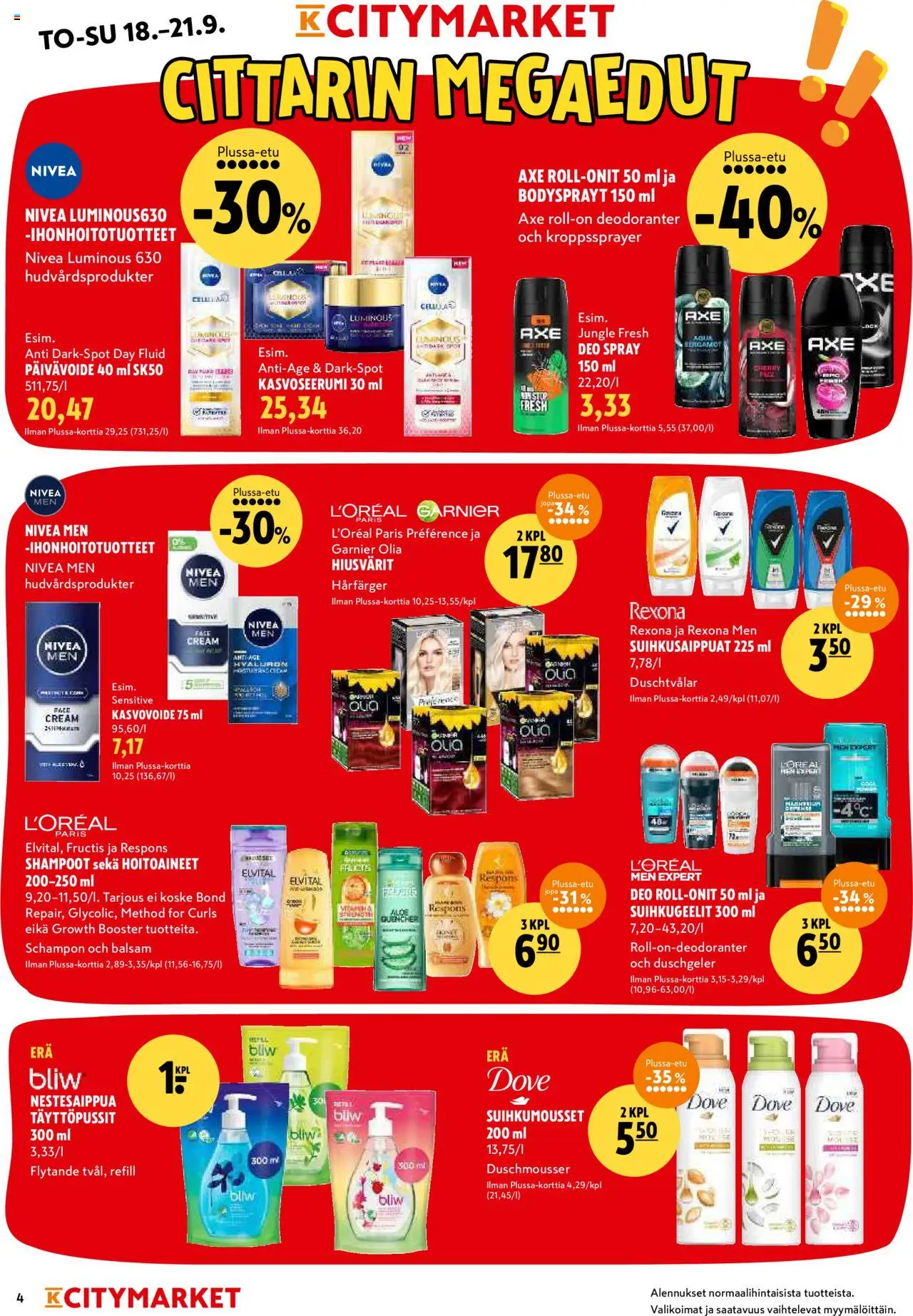 K-Citymarket tarjoukset – voimassa 18.09.2025 alkaen | Sivu: 4 | Tuotteet: Mousse, Kasvovoide