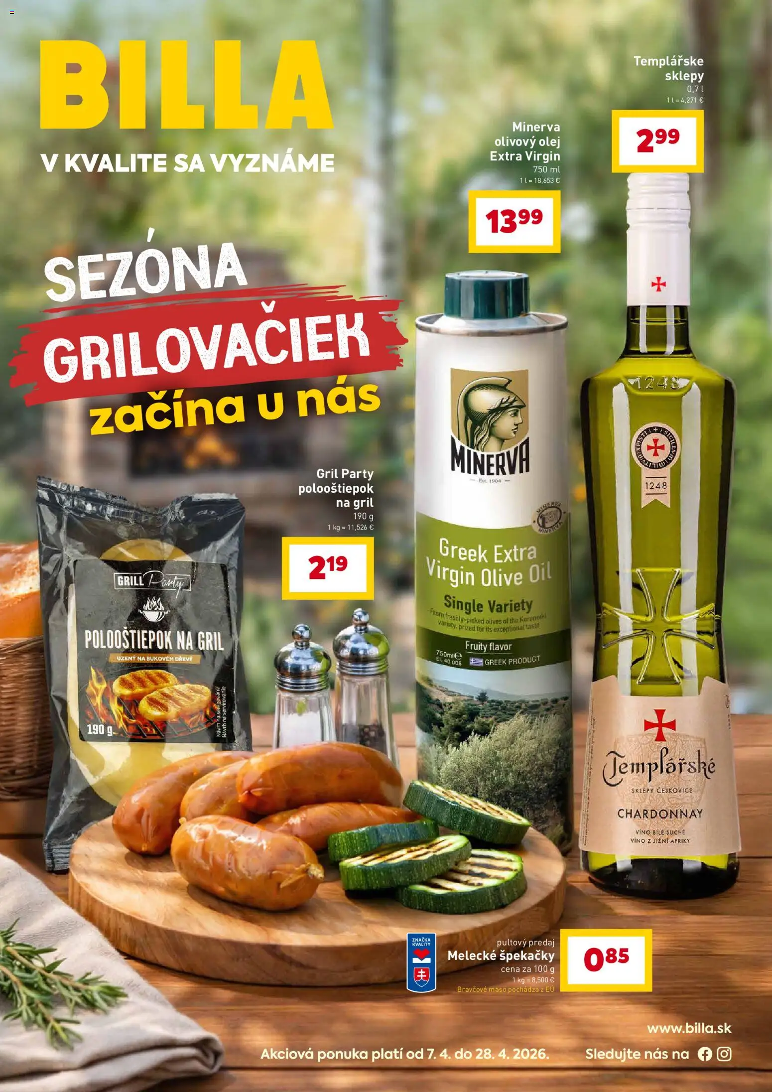Nové Billa akcie – leták je platný od 07.04.2026 | Strana: 1 | Produkty: Gril, Olivový olej, Bravčové mäso