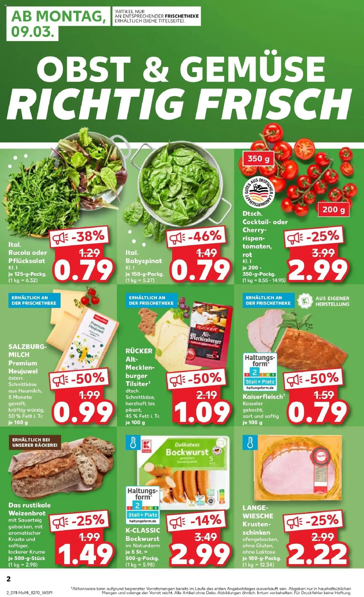 Kaufland Prospekt Höxter	 – gültig ab 09.03.2026 | Seite: 2 | Produkte: Bockwurst, Milch, Rucola, Gemüse