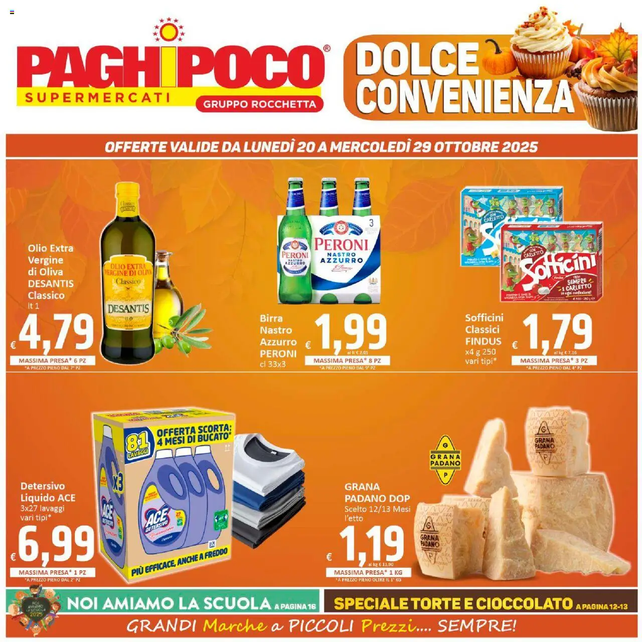 Volantino Paghi Poco del 20.10.2025 | Pagina: 1 | Prodotti: Cioccolato, Birra, Olio, Grana Padano