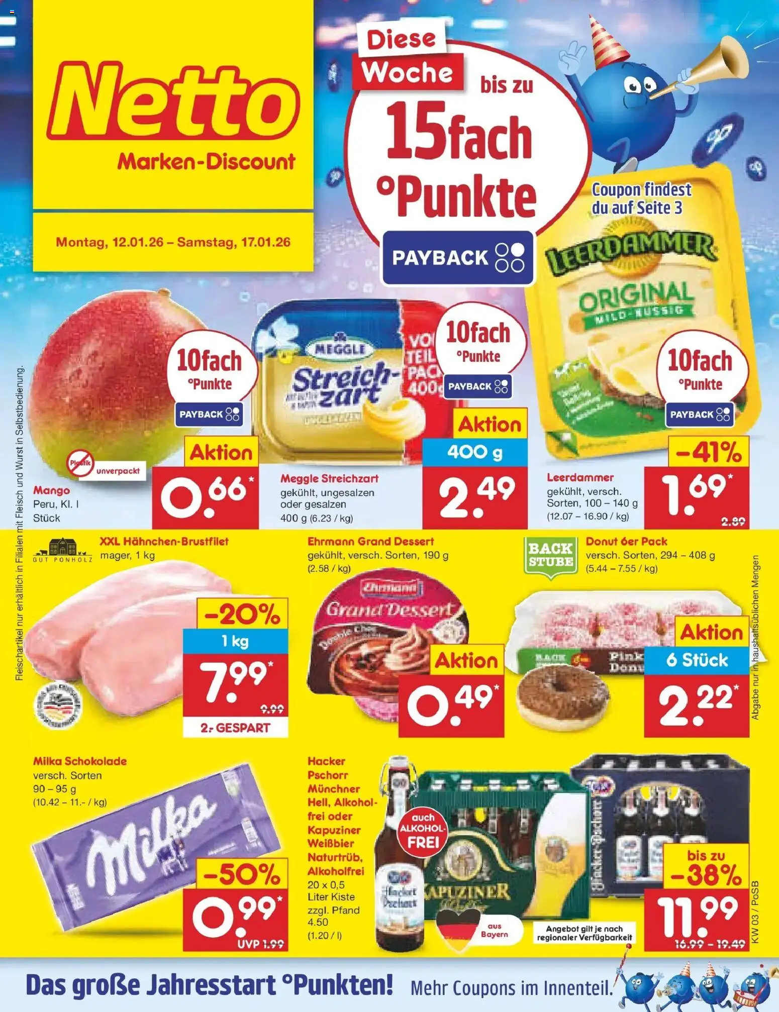 Netto Marken-Discount prospekt Regensburg	 – gültig ab 12.01.2026 | Seite: 1 | Produkte: Schokolade, Milka schokolade, Weißbier, Leerdammer