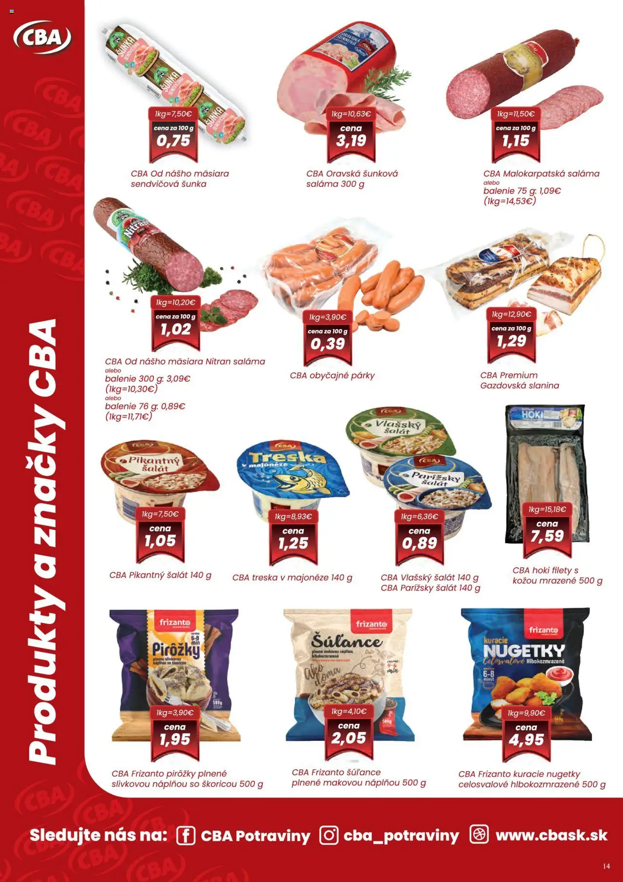 Nové CBA Komfos akcie – leták je platný od 02.10.2025 | Strana: 14 | Produkty: Saláma, Šunka, Šalát, Treska