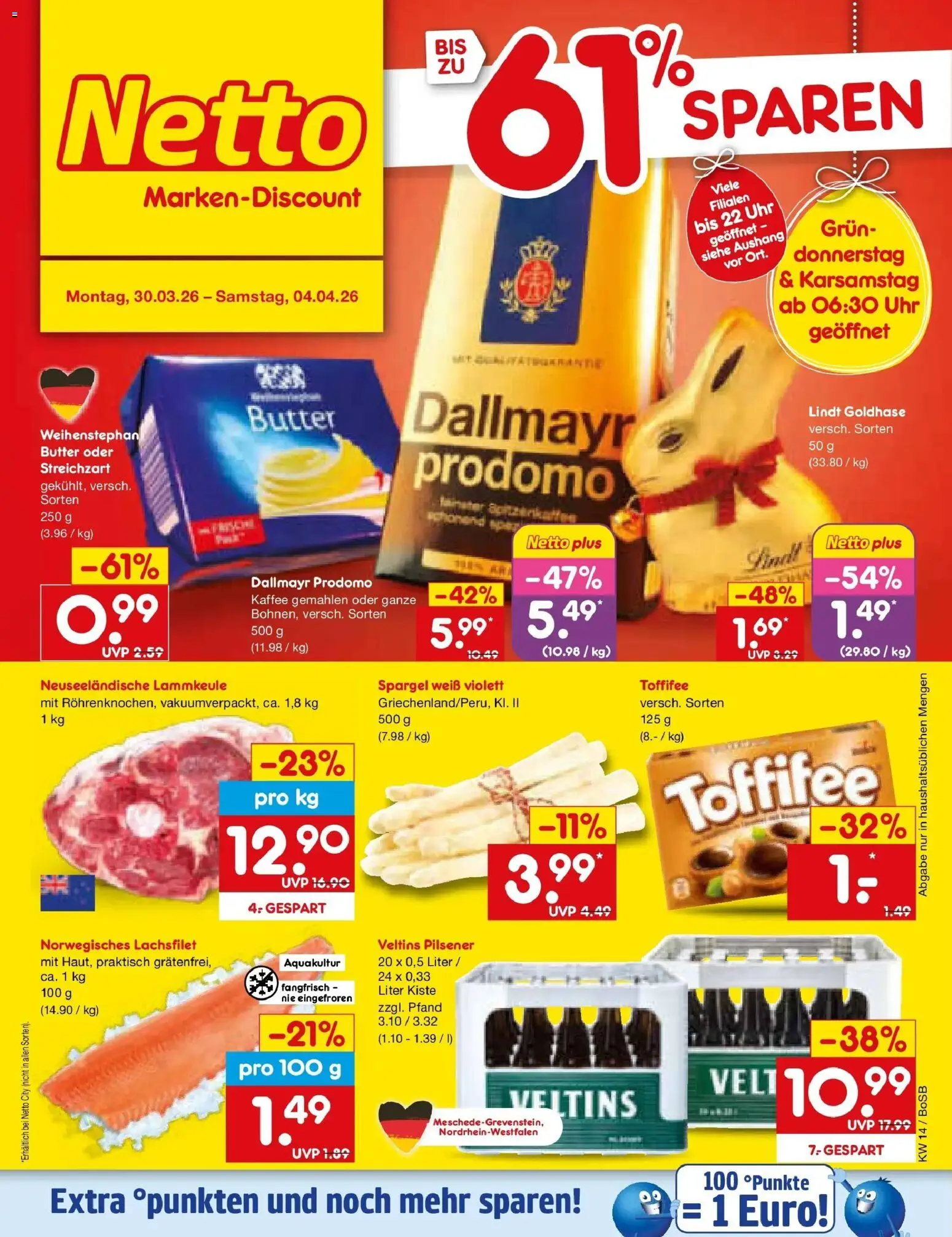 Netto Marken-Discount Prospekt Stadtlohn	 – gültig ab 29.03.2026 | Seite: 1 | Produkte: Butter, Dallmayr, Uhr, Veltins