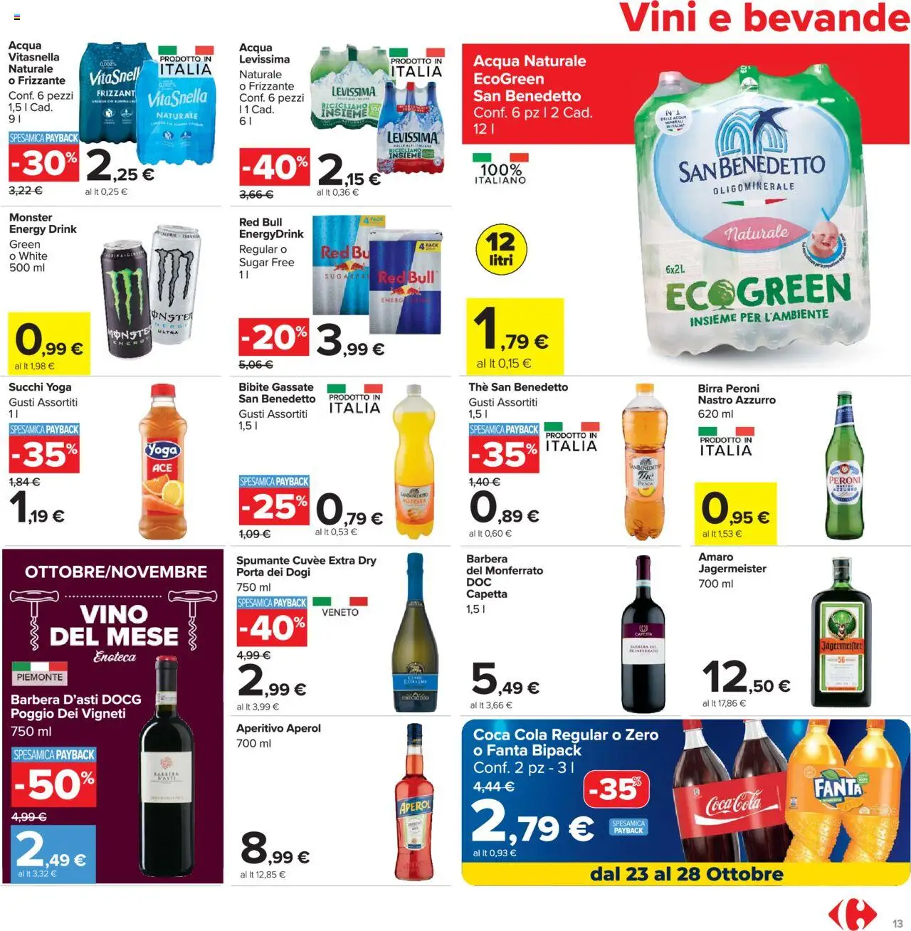 Volantino Carrefour del 20.10.2025 | Pagina: 13 | Prodotti: The, Acqua naturale, Red Bull, Aperol