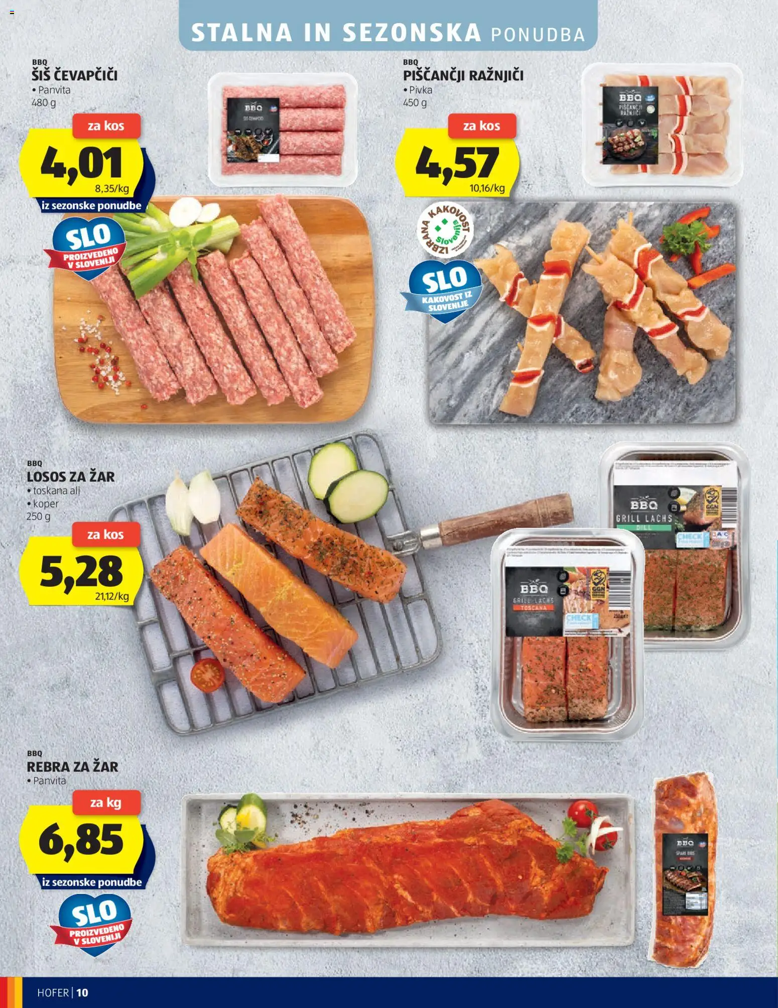 Novi Hofer katalog ponudbe – veljaven od 22.04.2026 | Stran: 10 | Izdelki: Ražnjiči, Losos, Kos, Grill