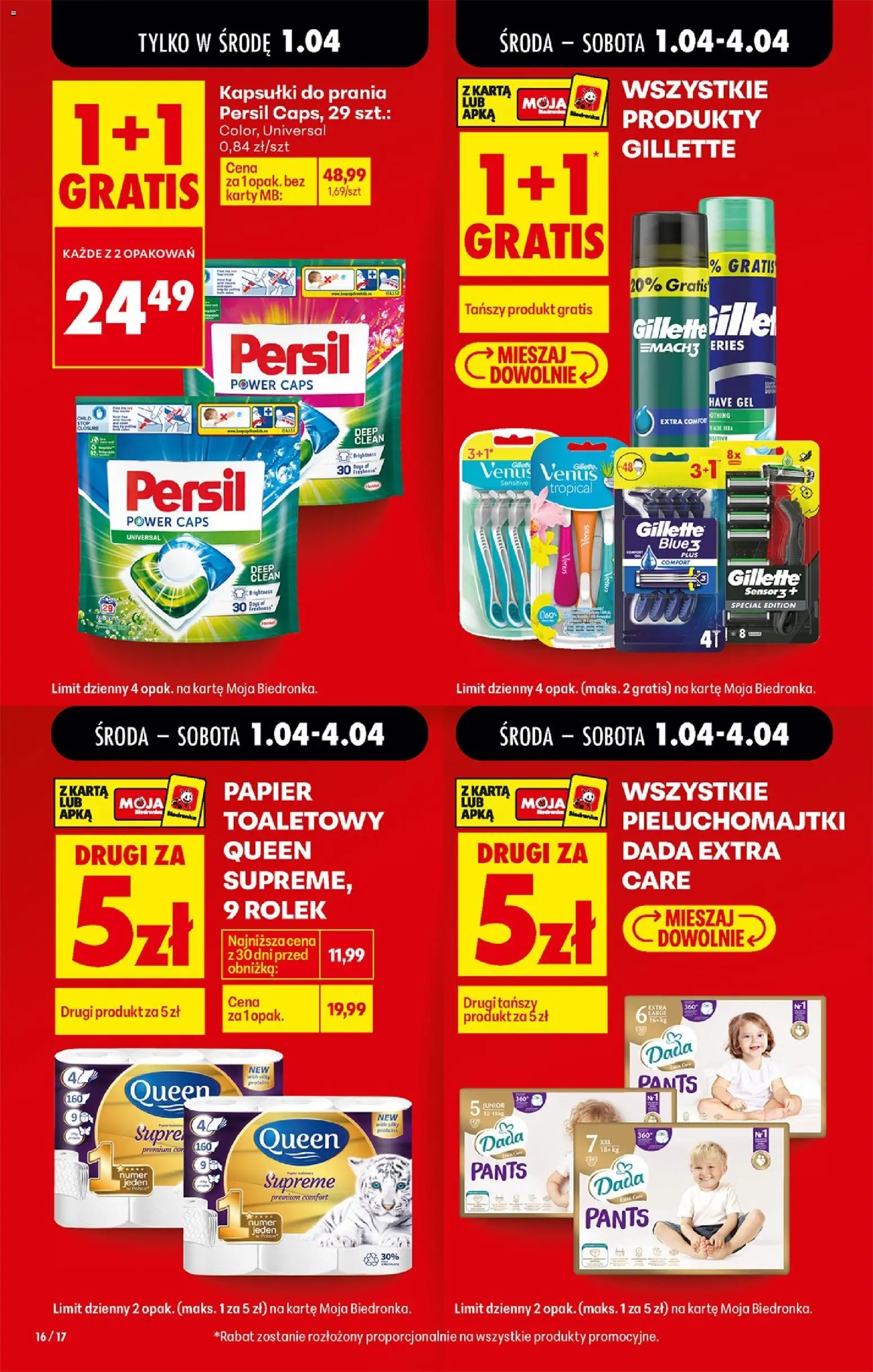 Biedronka gazetka od środy od 01.04.2026 | Strona: 16 | Produkty: Papier toaletowy queen, Karta, Persil, Kapsułki do prania