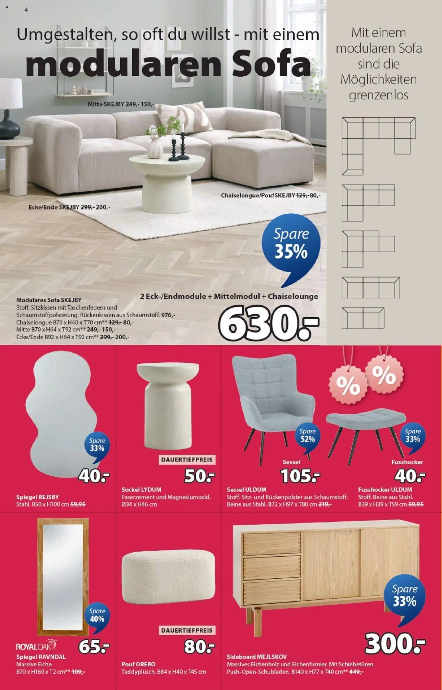 JYSK Aktionen – gültig ab 06.01.2026 | Seite: 4 | Produkte: Sessel, Spiegel, Pouf, Sideboard