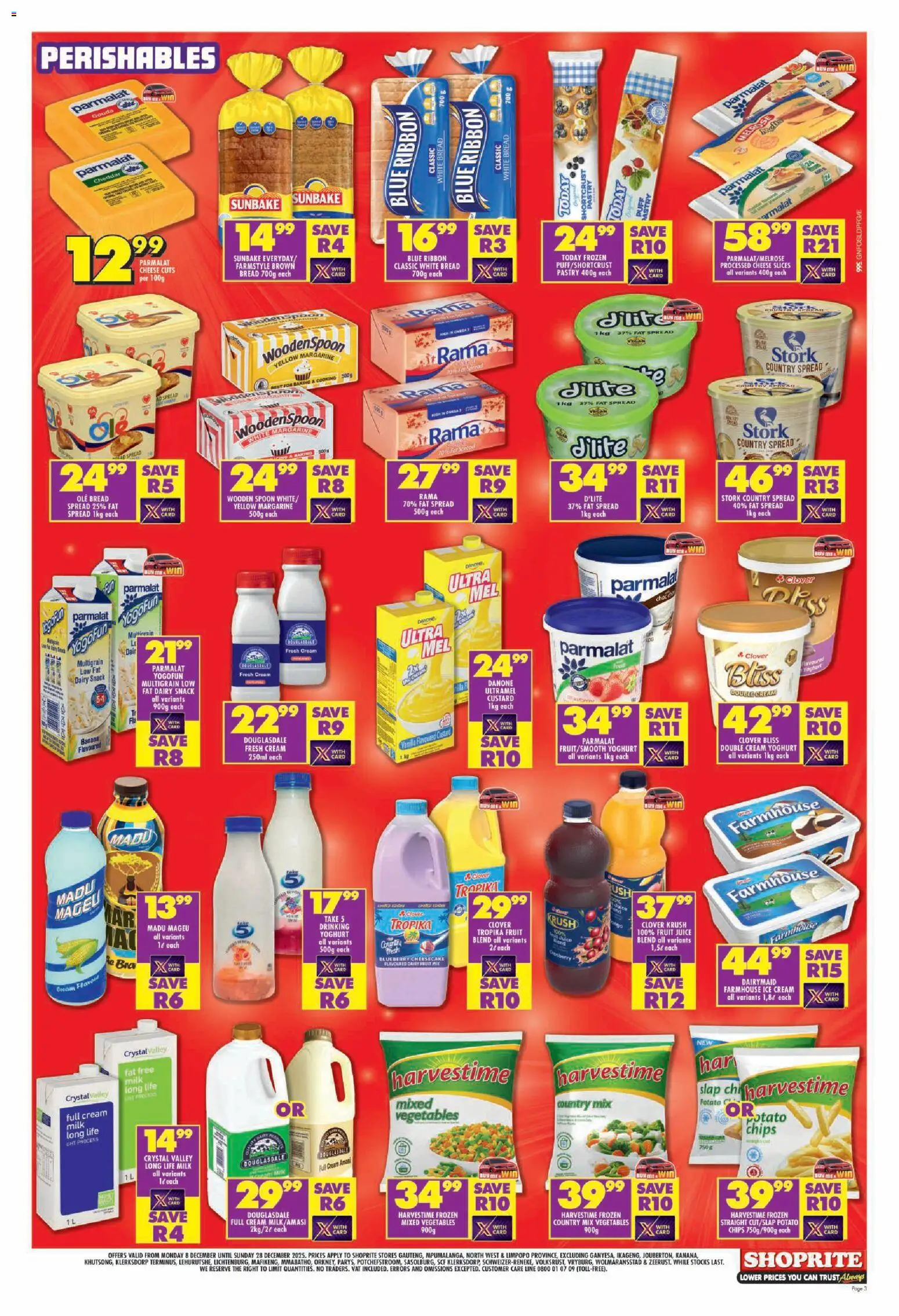 New Shoprite catalogue – valid from 08.12.2025 | Page: 3 | Products: Custard, Milk, Juice, Fruit