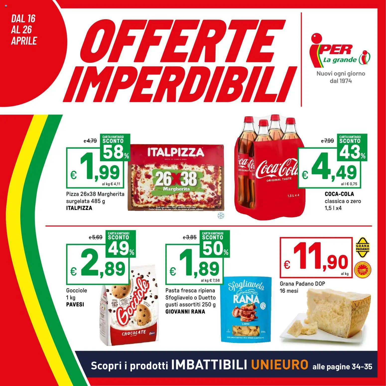 Volantino Iper del 16.04.2026 | Pagina: 1 | Prodotti: Pizza, Pasta, Grana Padano, Coca Cola