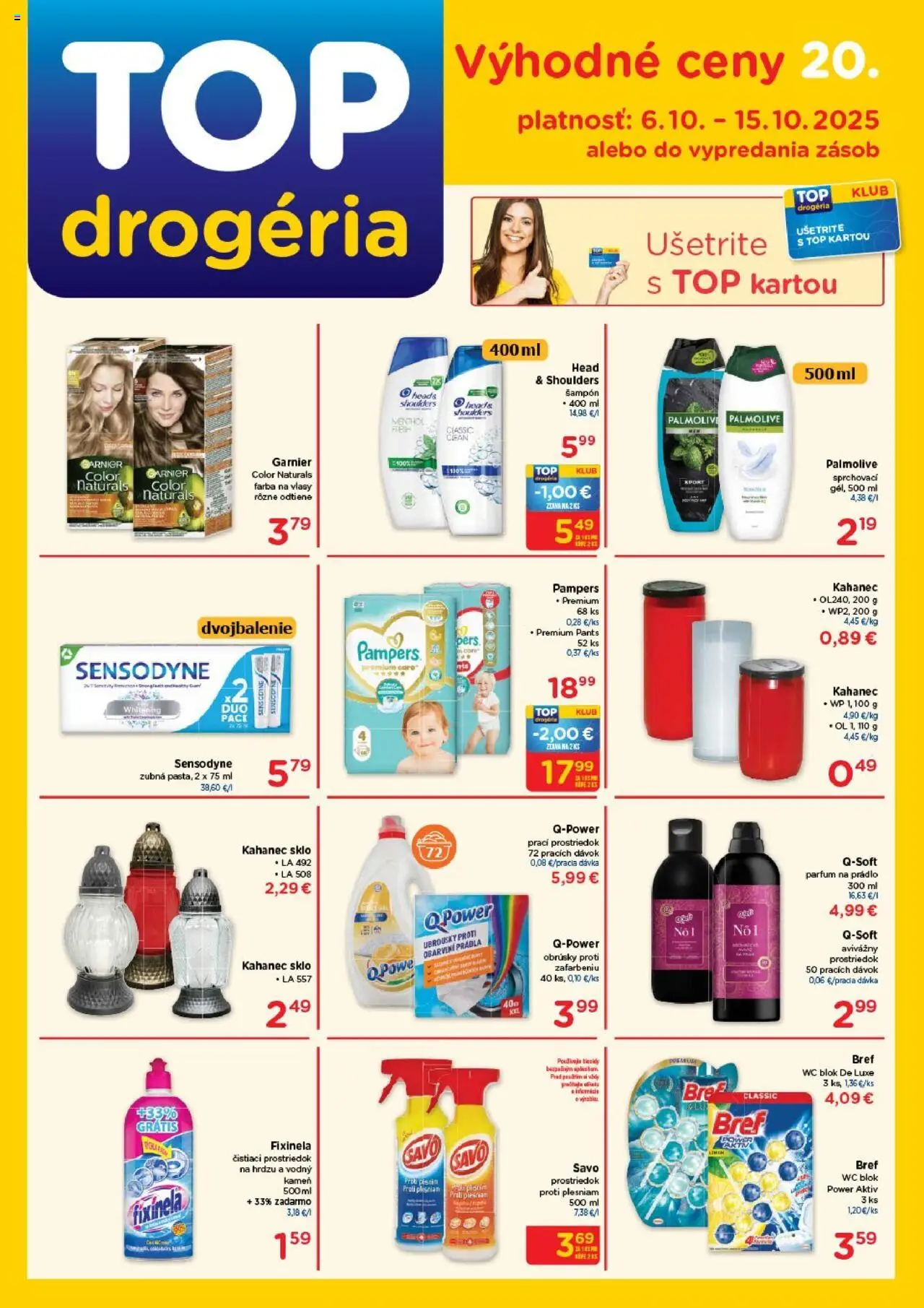 Nové TOP Drogéria akcie – leták je platný od 06.10.2025 | Strana: 1 | Produkty: Šampón, Farba na vlasy, Čistiaci prostriedok, Pampers