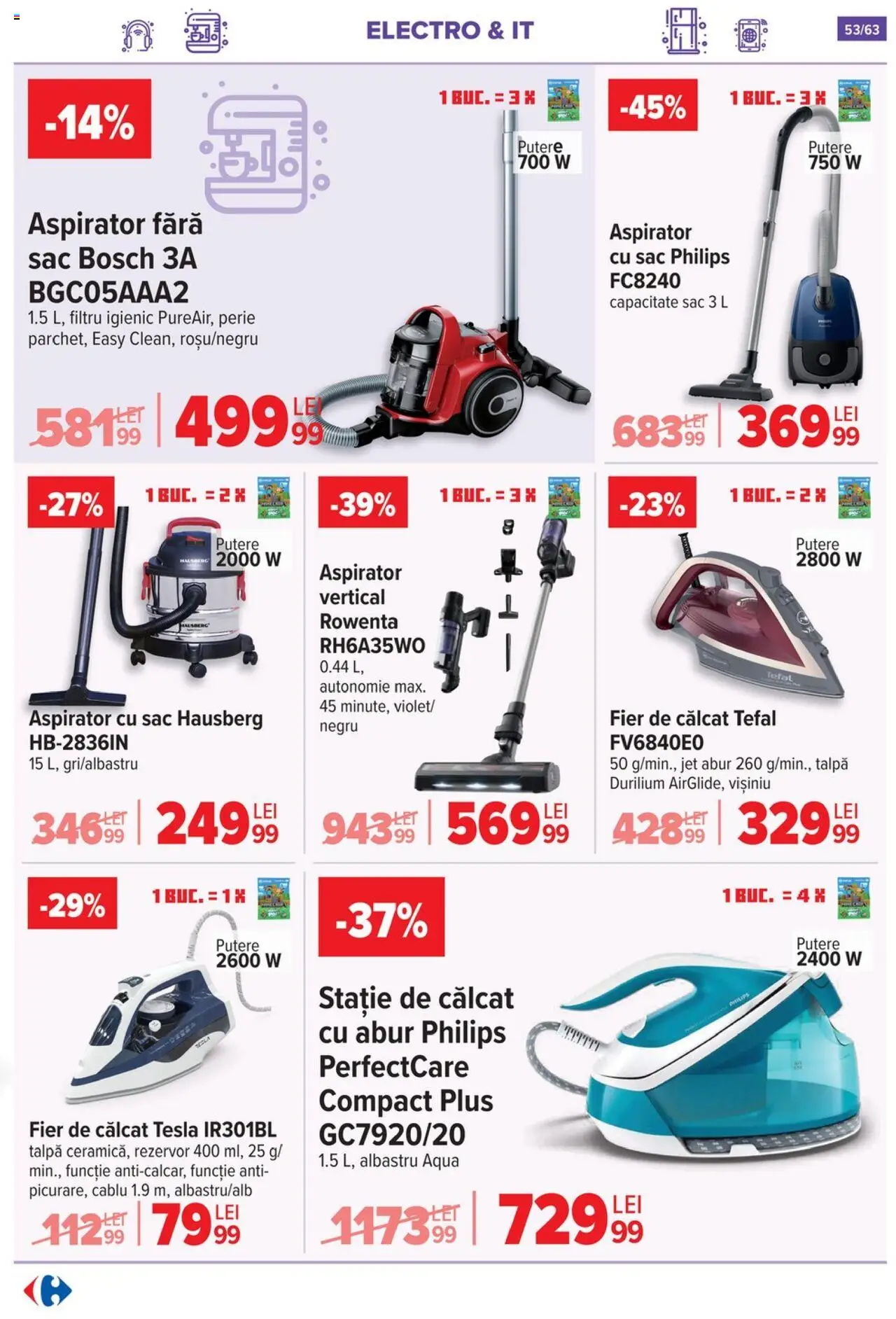 Noul catalog Carrefour – valabil de la 17.09.2025 | Pagină: 53 | Produse: Enginar, Fier de călcat, Aspirator, Perie