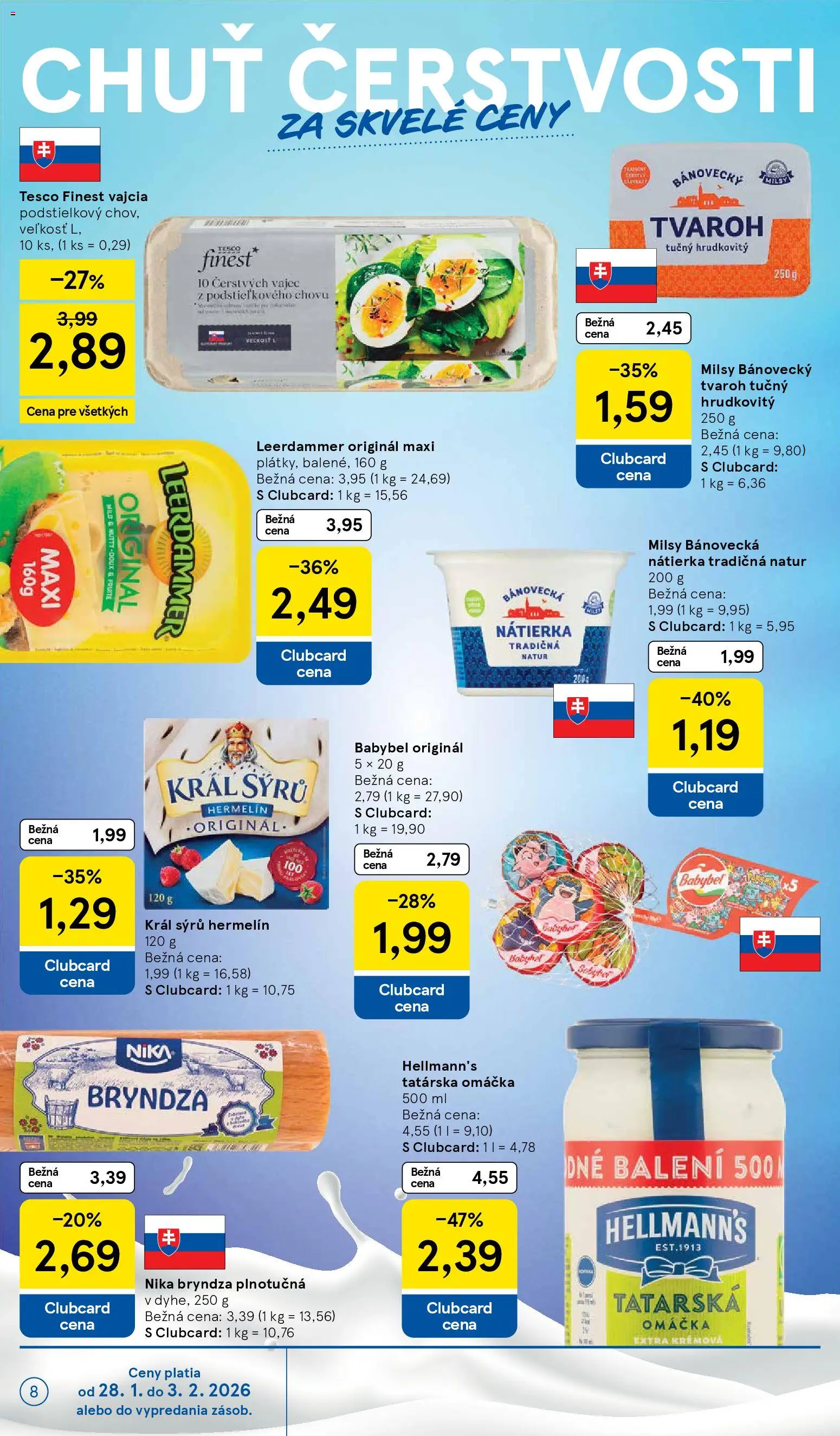 Nové Tesco akcie – leták je platný od 28.01.2026 | Strana: 8 | Produkty: Vajcia, Bryndza, Tatárska omáčka, Omáčka