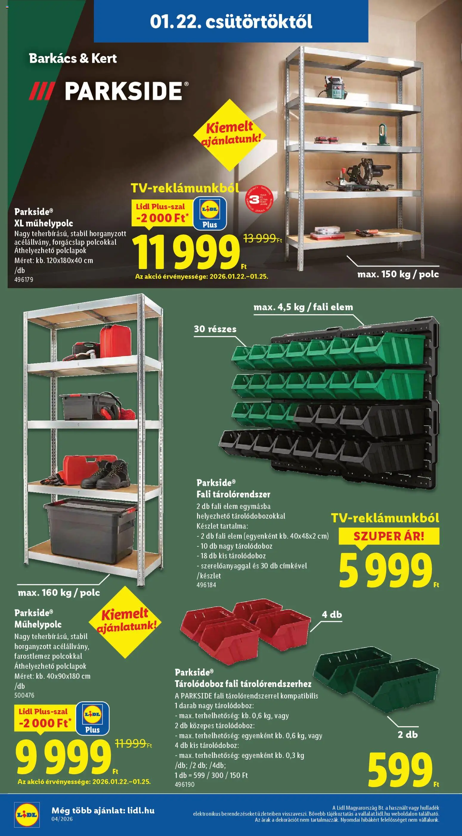 Lidl akciós ujság - amely érvényes a következő dátumtól: 22.01.2026 | Oldal: 2 | Termékek: Parkside, Tárolódoboz, Polc