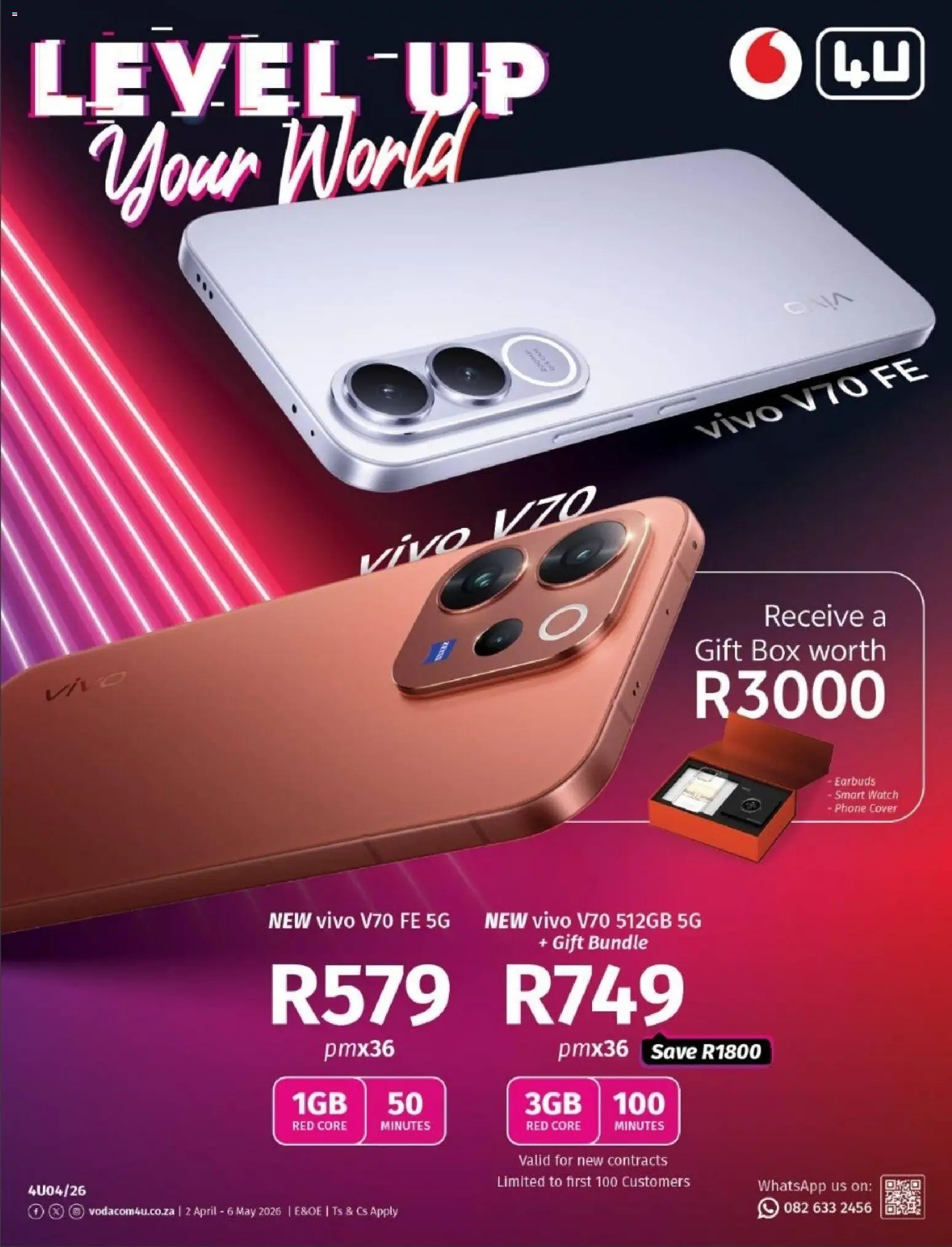 New Vodacom catalogue – valid from 02.04.2026 | Page: 1 | Products: Cover, Phone, Earbuds, Box