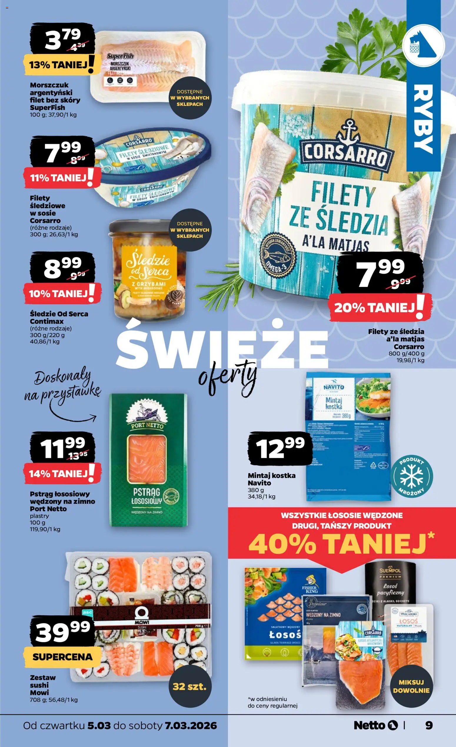 Netto gazetka od czwartku spożywcza od 05.03.2026 | Strona: 9 | Produkty: Pstrąg, Pstrąg łososiowy, Łosoś, Morszczuk