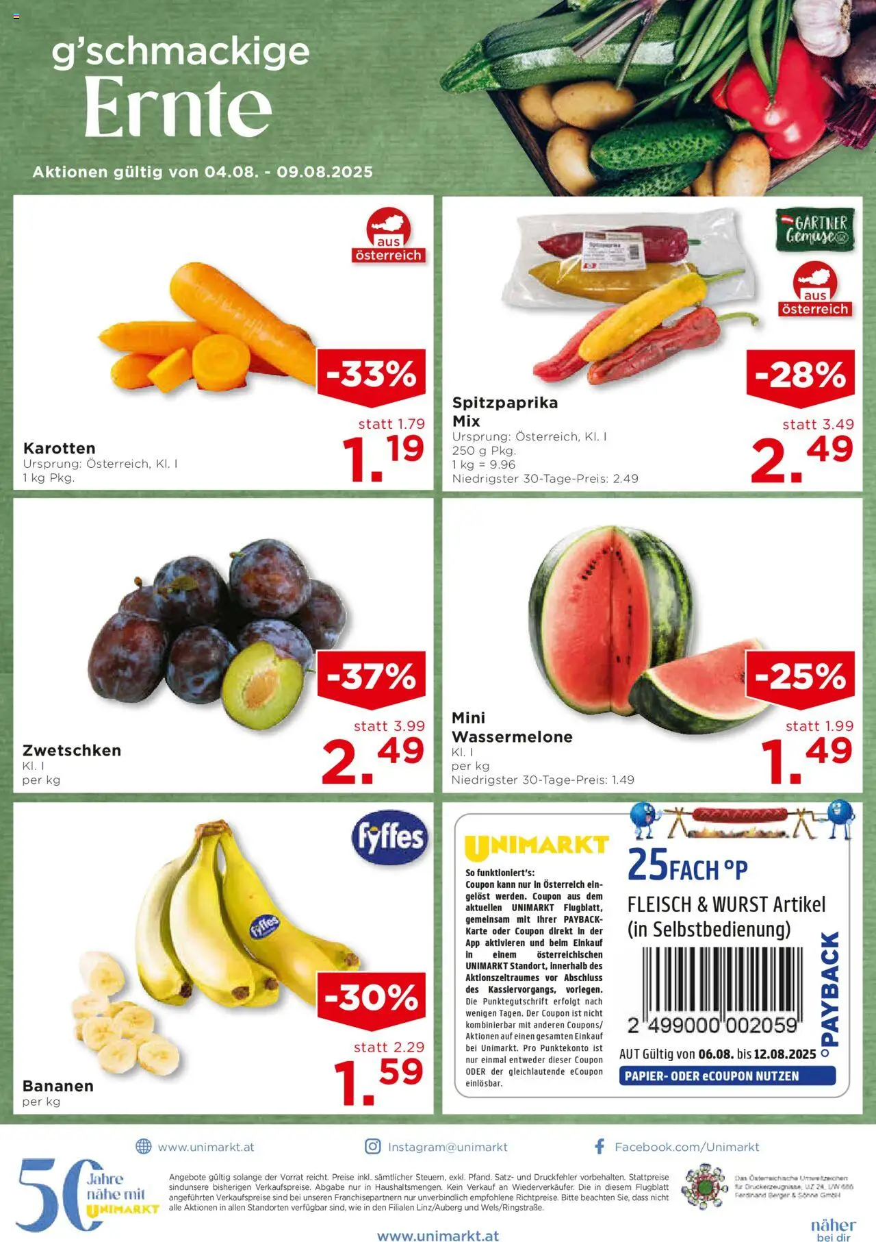 Unimarkt - Broschüre gültig ab 06.08.2025 | Seite: 12 | Produkte: Gemüse, Wurst, Wassermelone, Bananen