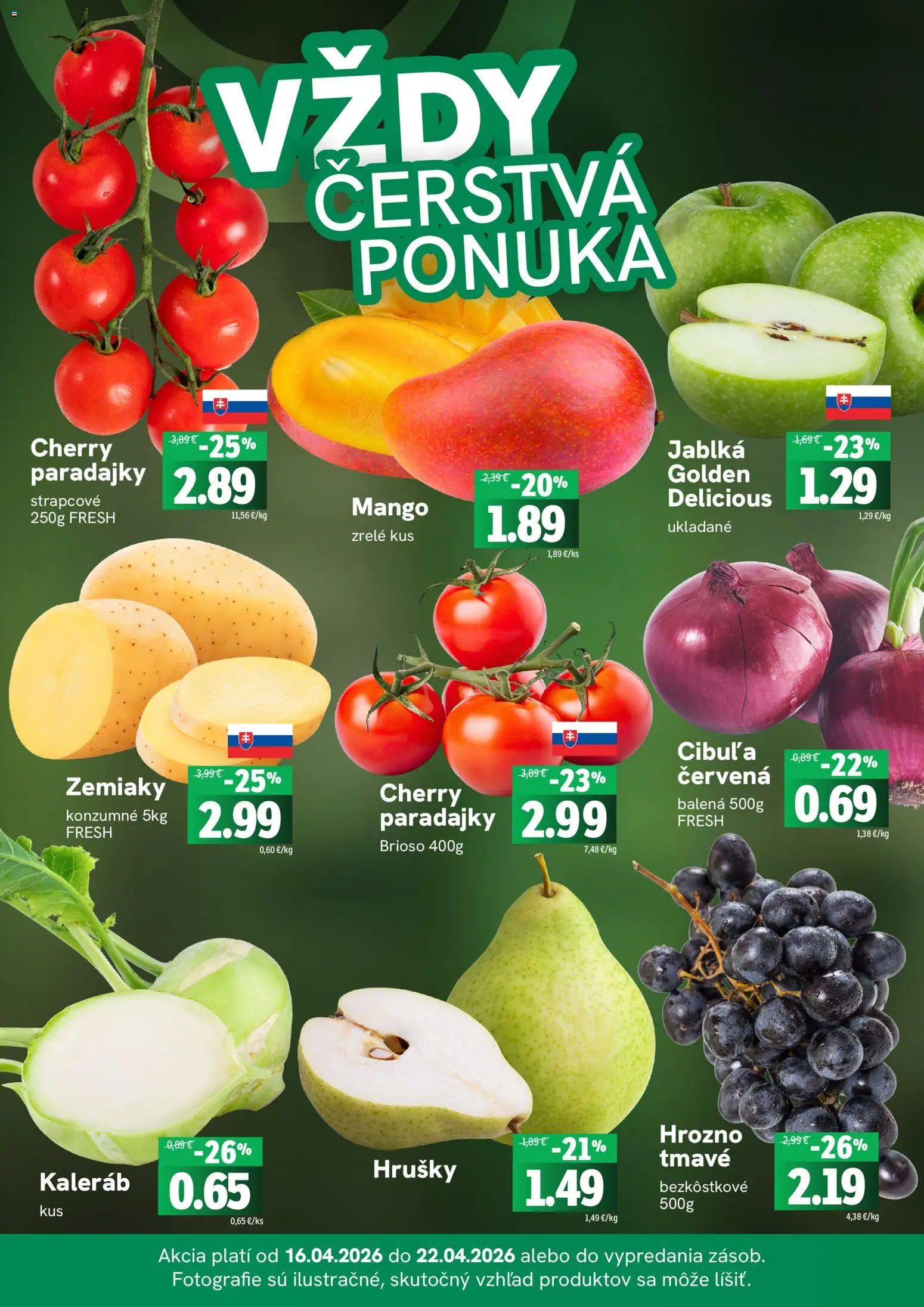 Nové Fresh akcie – leták je platný od 16.04.2026 | Strana: 3 | Produkty: Paradajky, Zemiaky, Hrušky, Hrozno