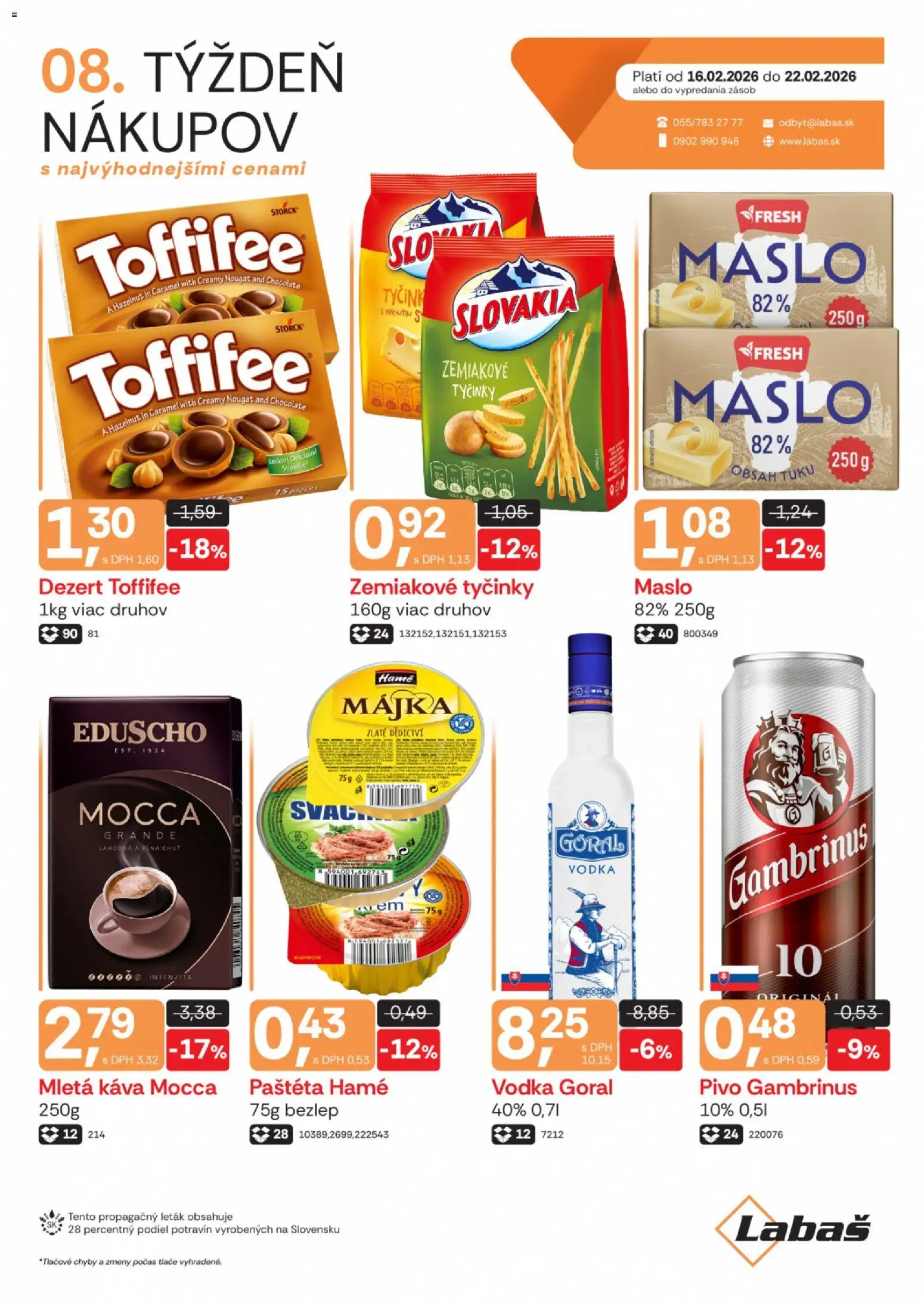 Nové Labaš akcie – leták je platný od 16.01.2026 | Strana: 1 | Produkty: Maslo, Pivo, Toffifee, Gambrinus