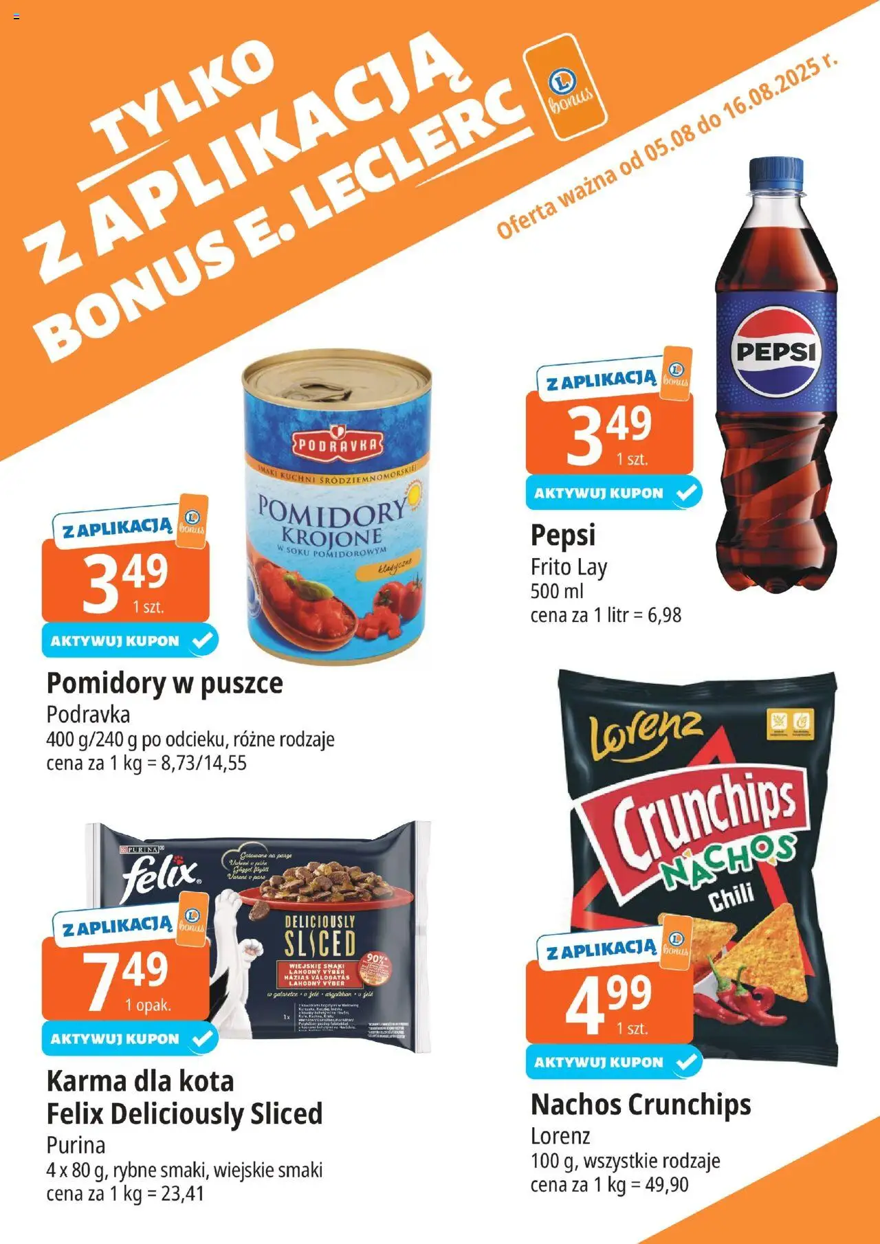 E.Leclerc Gazetka - Kłodzko kupony dodatkowe od 05.08.2025 | Strona: 16 | Produkty: Chili, Nachos, Pepsi, Pomidory w puszce