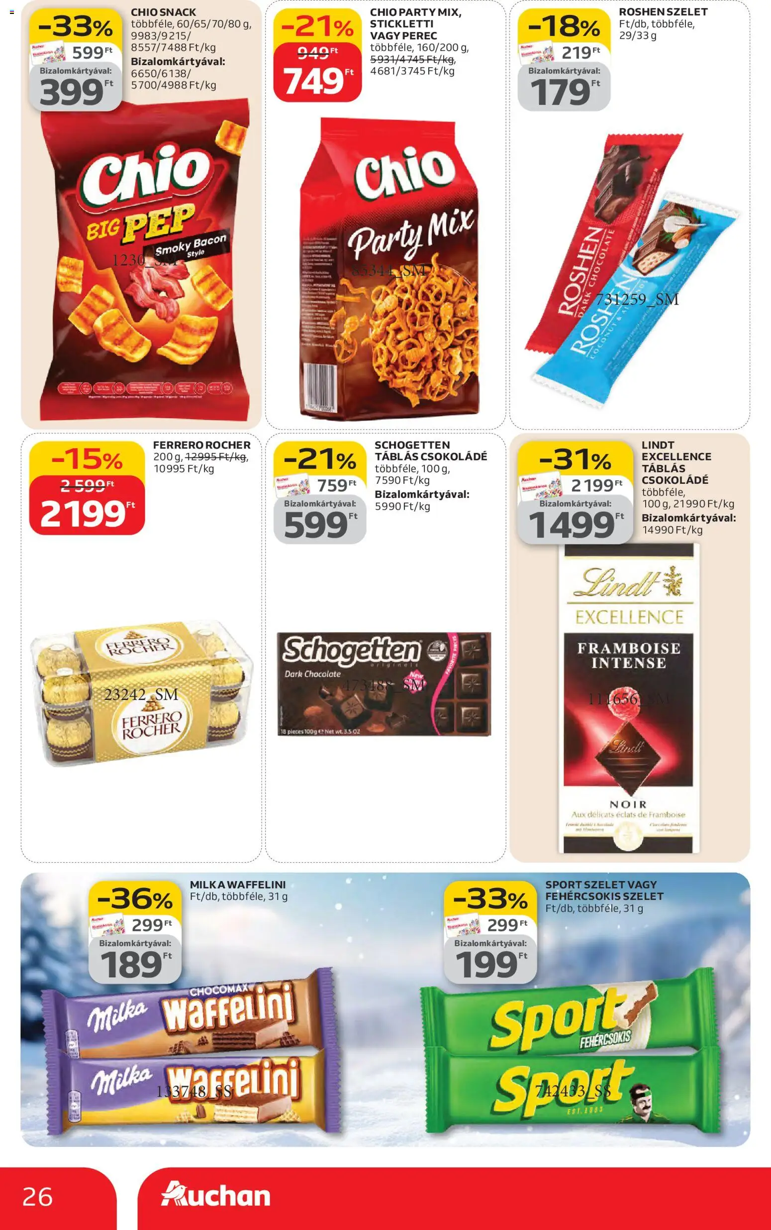 Auchan akciós ujság - amely érvényes a következő dátumtól: 12.02.2026 | Oldal: 26 | Termékek: Waffelini, Ferrero rocher, Bacon, Csokoládé