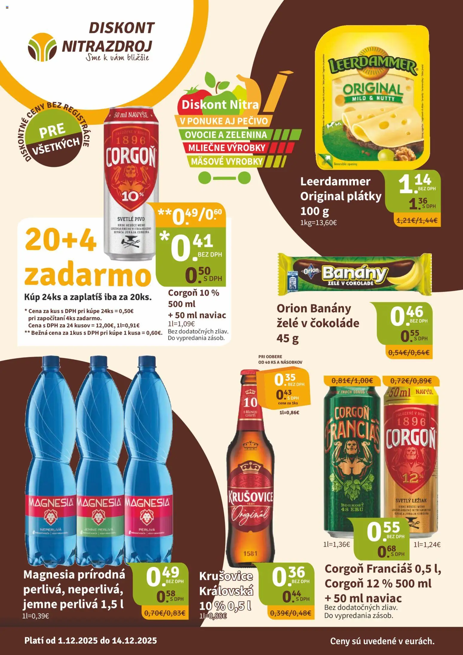 Nové Nitrazdroj akcie – leták je platný od 01.12.2025 | Strana: 1 | Produkty: Pivo, Krušovice, Magnesia, Ovocie