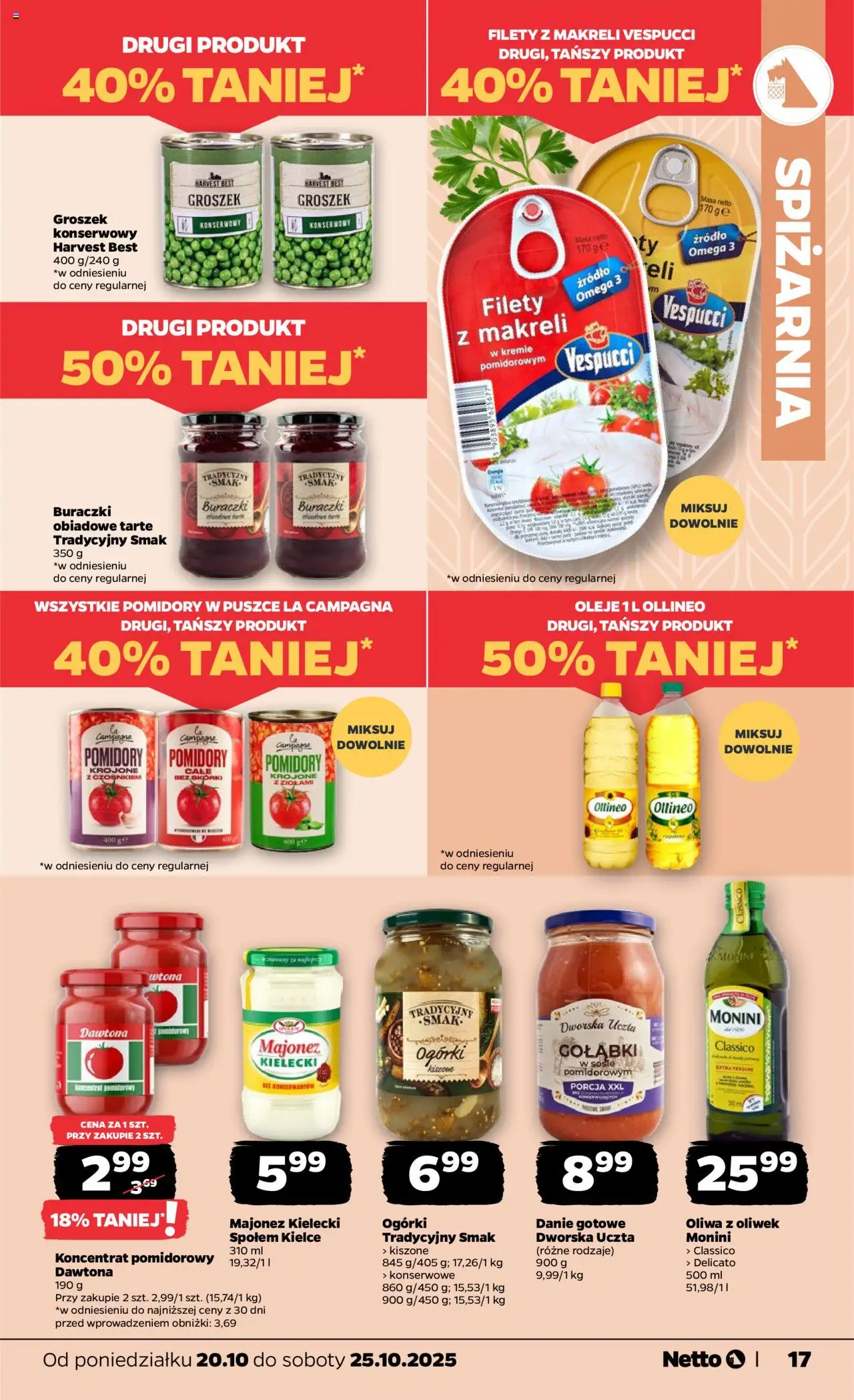 Netto gazetka - Spożywcza od 20.10.2025 | Strona: 17 | Produkty: Groszek, Koncentrat pomidorowy, Ogórki, Majonez