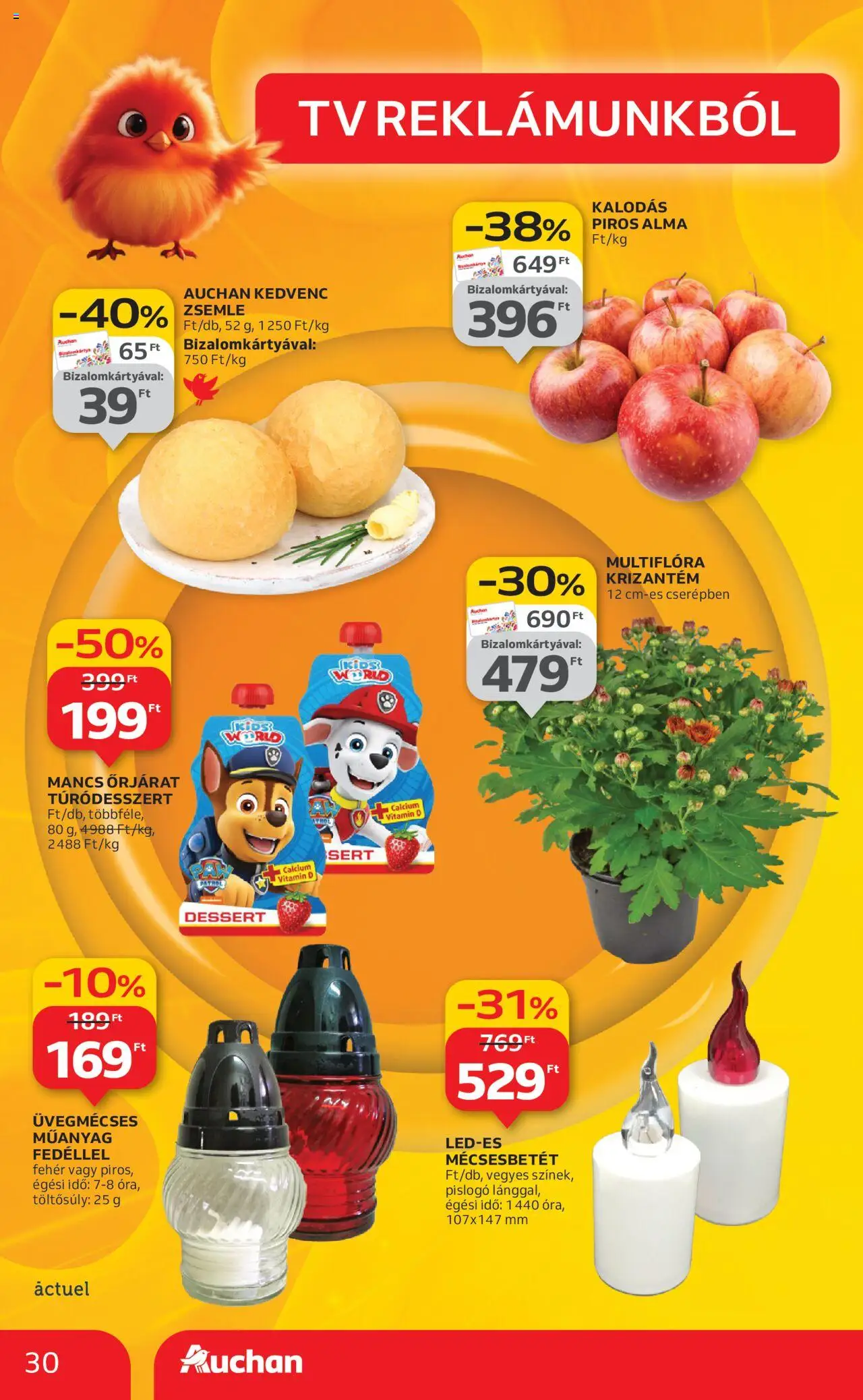 Auchan akciós ujság - amely érvényes a következő dátumtól: 24.10.2025 | Oldal: 30 | Termékek: Zsemle, Vitamin d, TV, Alma