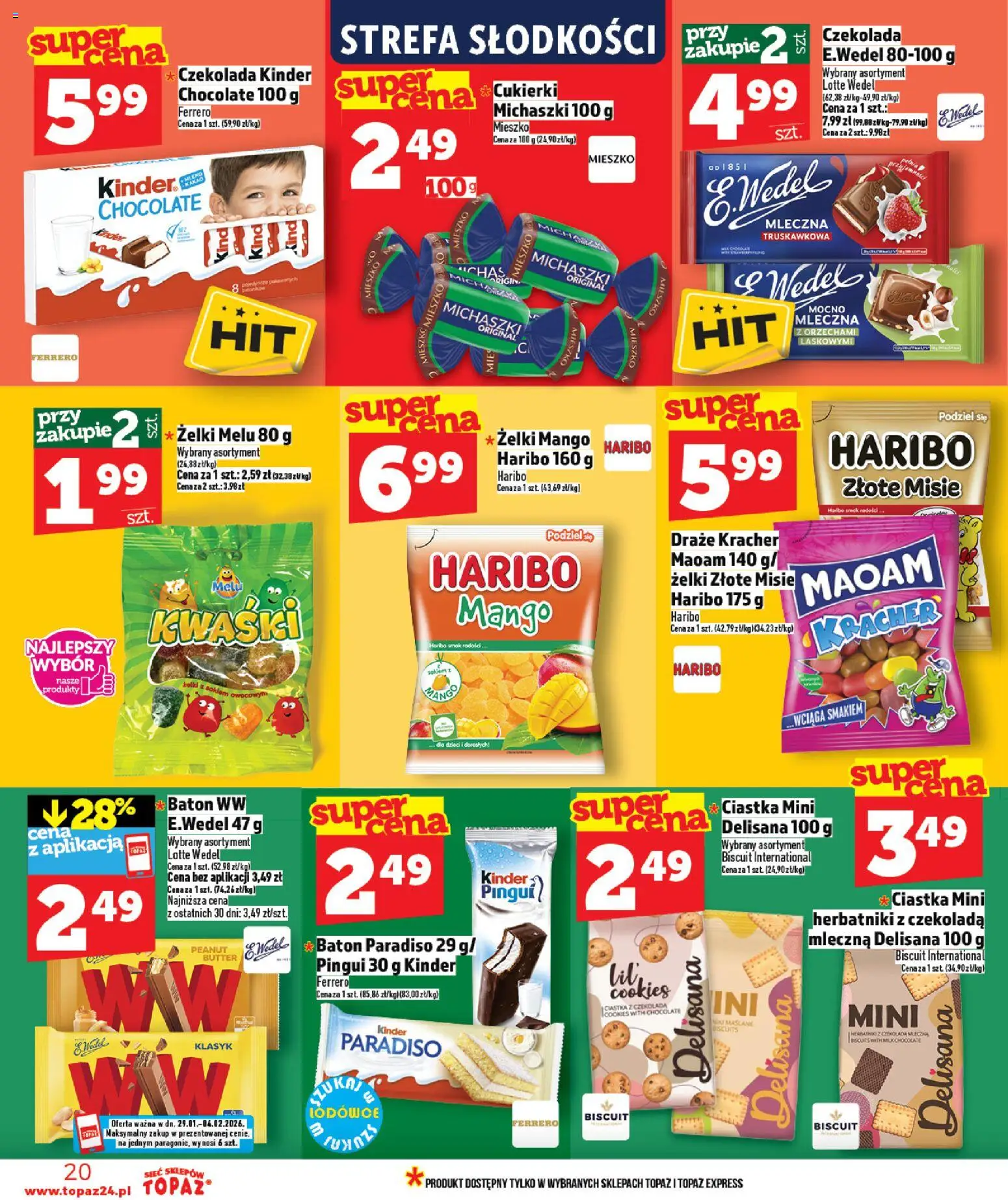Topaz Gazetka - Ceny małe na stałe od 29.01.2026 | Strona: 20 | Produkty: Mango, Czekolada mleczna, Baton, Ciastka