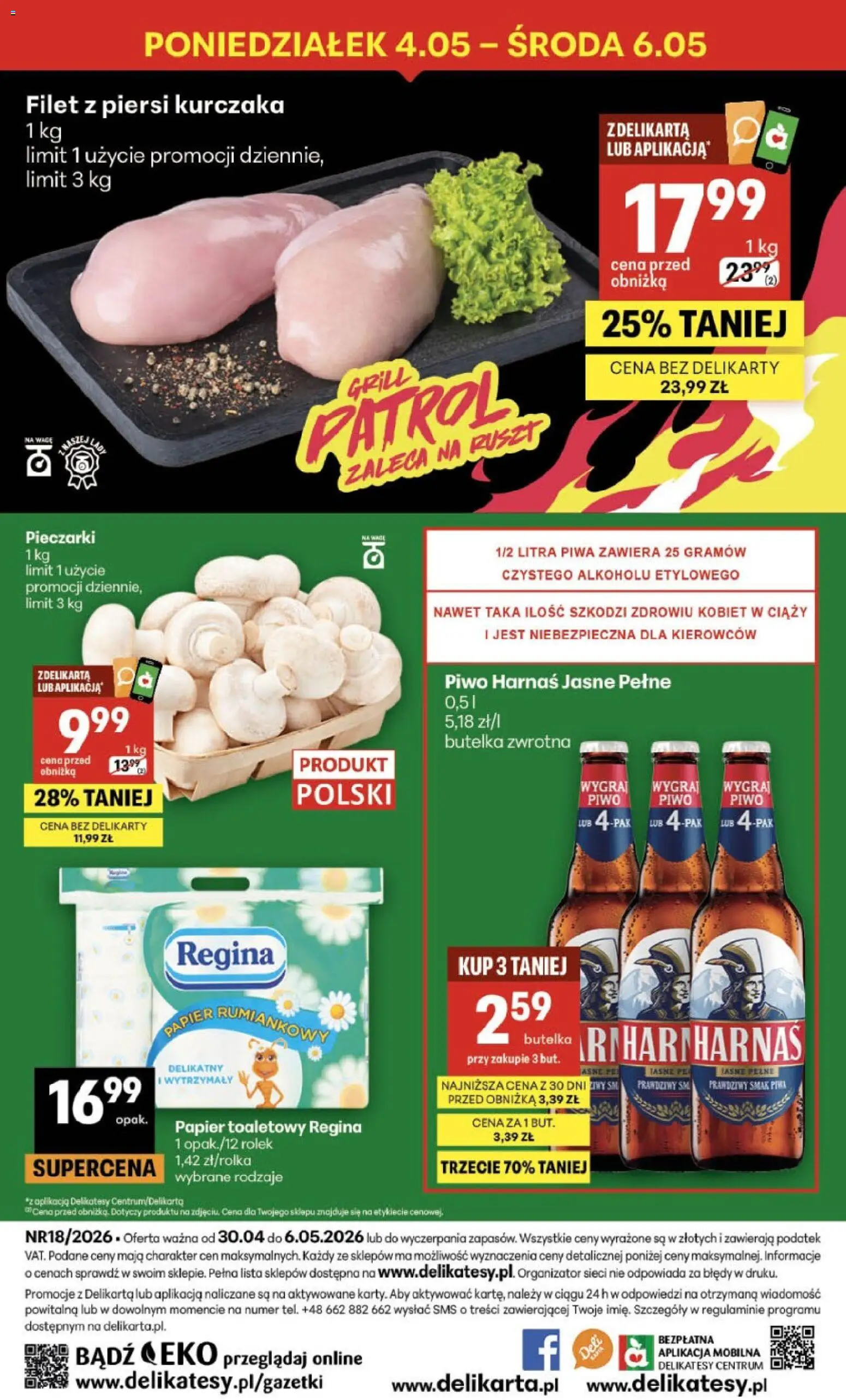 Delikatesy Centrum gazetka od 30.04.2026 | Strona: 40 | Produkty: Pieczarki, Piersi, Papier toaletowy, Harnaś
