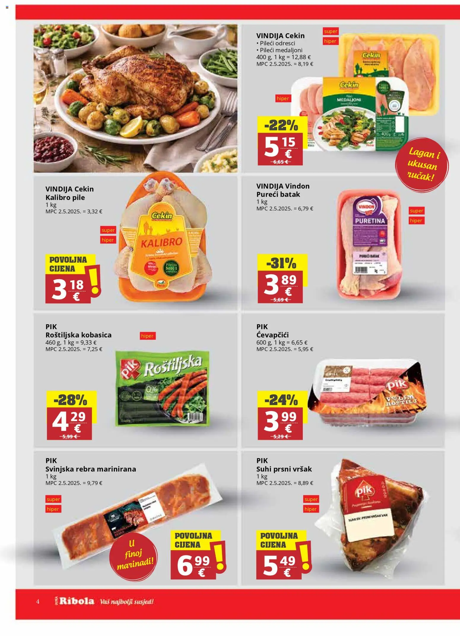 Ribola katalog | vrijedi od 11.03.2026 | Stranica: 4 | Proizvodi: Puretina, Pileći medaljoni, Kobasica, Ćevapčići