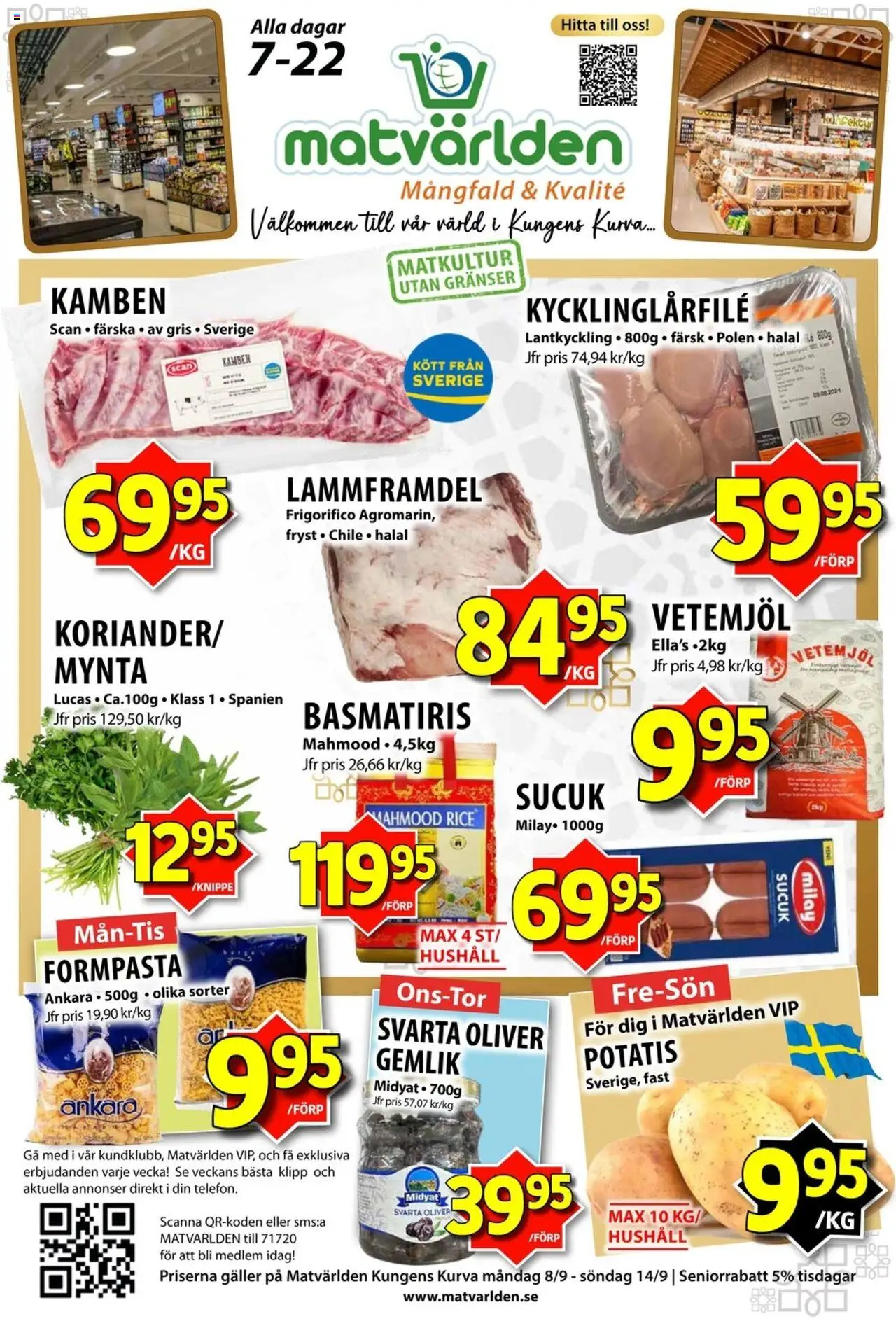 Matvärlden reklamblad aktuell från 08.09.2025 | Sida: 1 | Produkter: Oliver, Galler, Potatis, Mynta