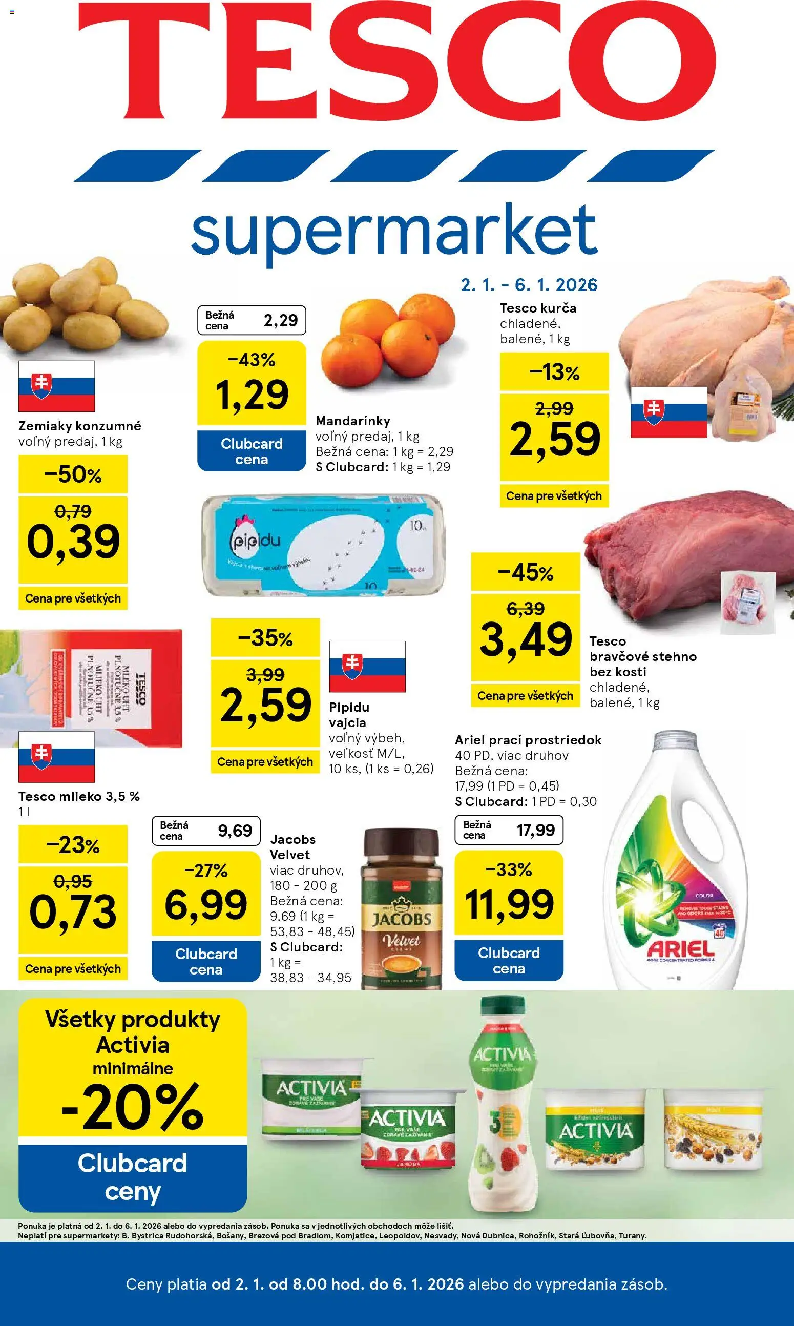 Nové Tesco akcie – leták je platný od 02.01.2026 | Strana: 1 | Produkty: Mlieko, Mandarinky, Zemiaky, Kurča