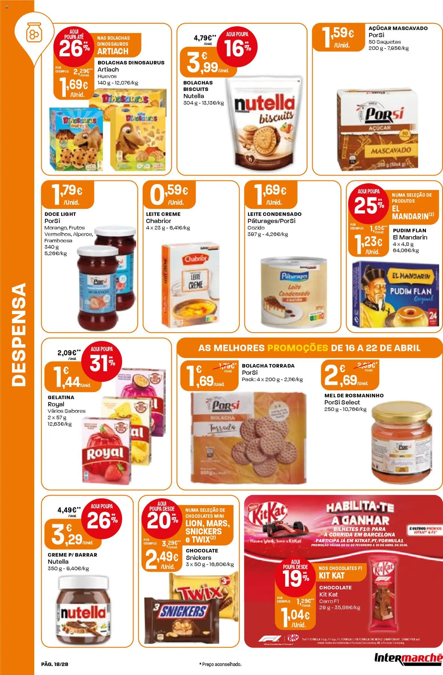 Intermarché Folheto Contact │ válido de 16.04.2026 | Página: 18 | Produtos: Chocolates, Pudim, Mel, Creme