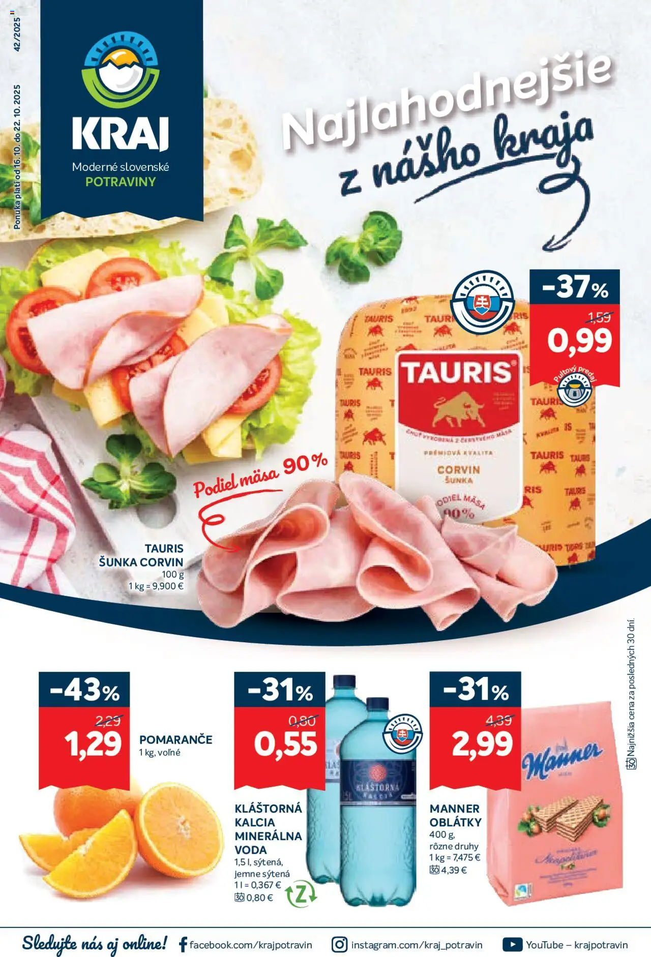 Nové Kraj akcie – leták je platný od 16.10.2025 | Strana: 1 | Produkty: Šunka, Pomaranče, Voda