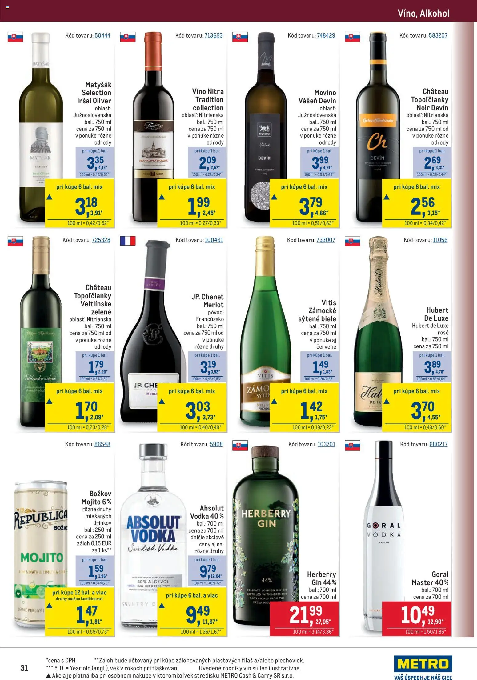 Nové Metro akcie – leták je platný od 11.03.2026 | Strana: 31 | Produkty: Víno, Gin, Vodka, Hubert de Luxe