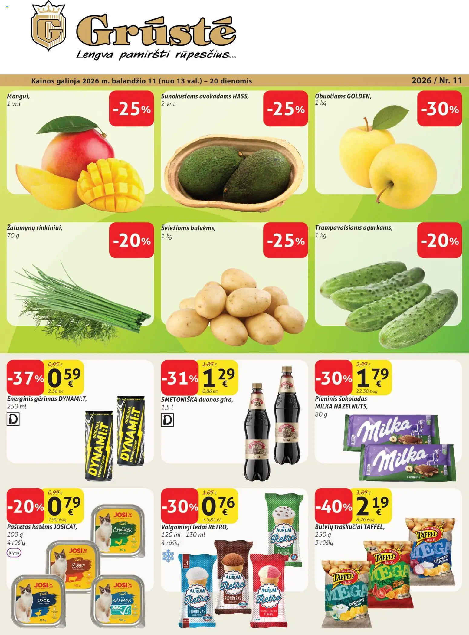 GRUSTE akcijos nuo 11.04.2026 | Puslapis: 1 | Prekių: Ledai, Energinis gėrimas, Valgomieji ledai, Traškučiai