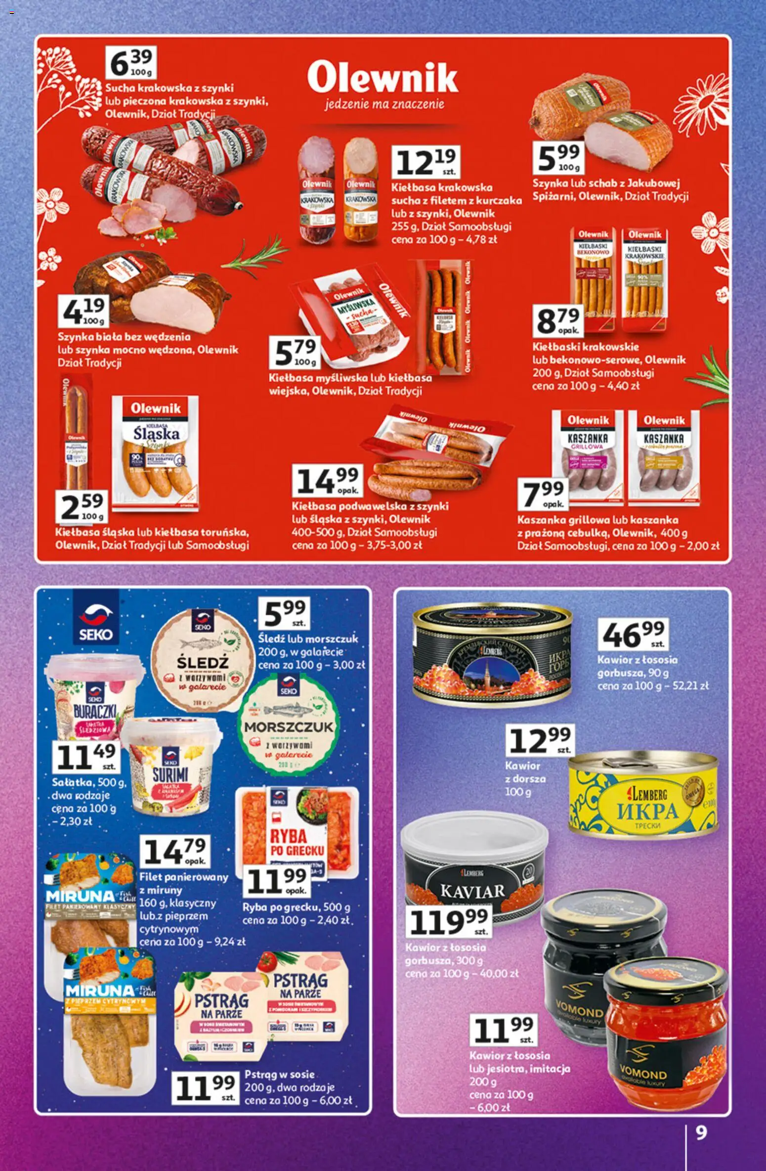 Auchan gazetka - Znane Marki Hipermarket od 23.04.2026 | Strona: 9 | Produkty: Kiełbasa, Śledź, Miruna, Kiełbasa podwawelska