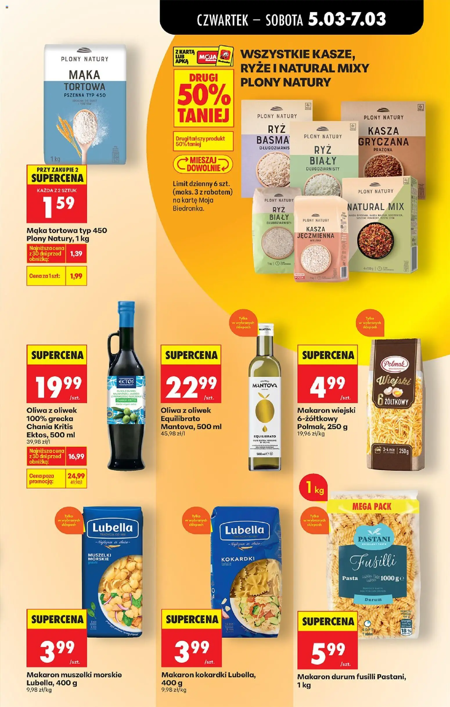 Biedronka gazetka od czwartku od 05.03.2026 | Strona: 55 | Produkty: Kasza, Oliwa z oliwek, Makaron durum, Makaron