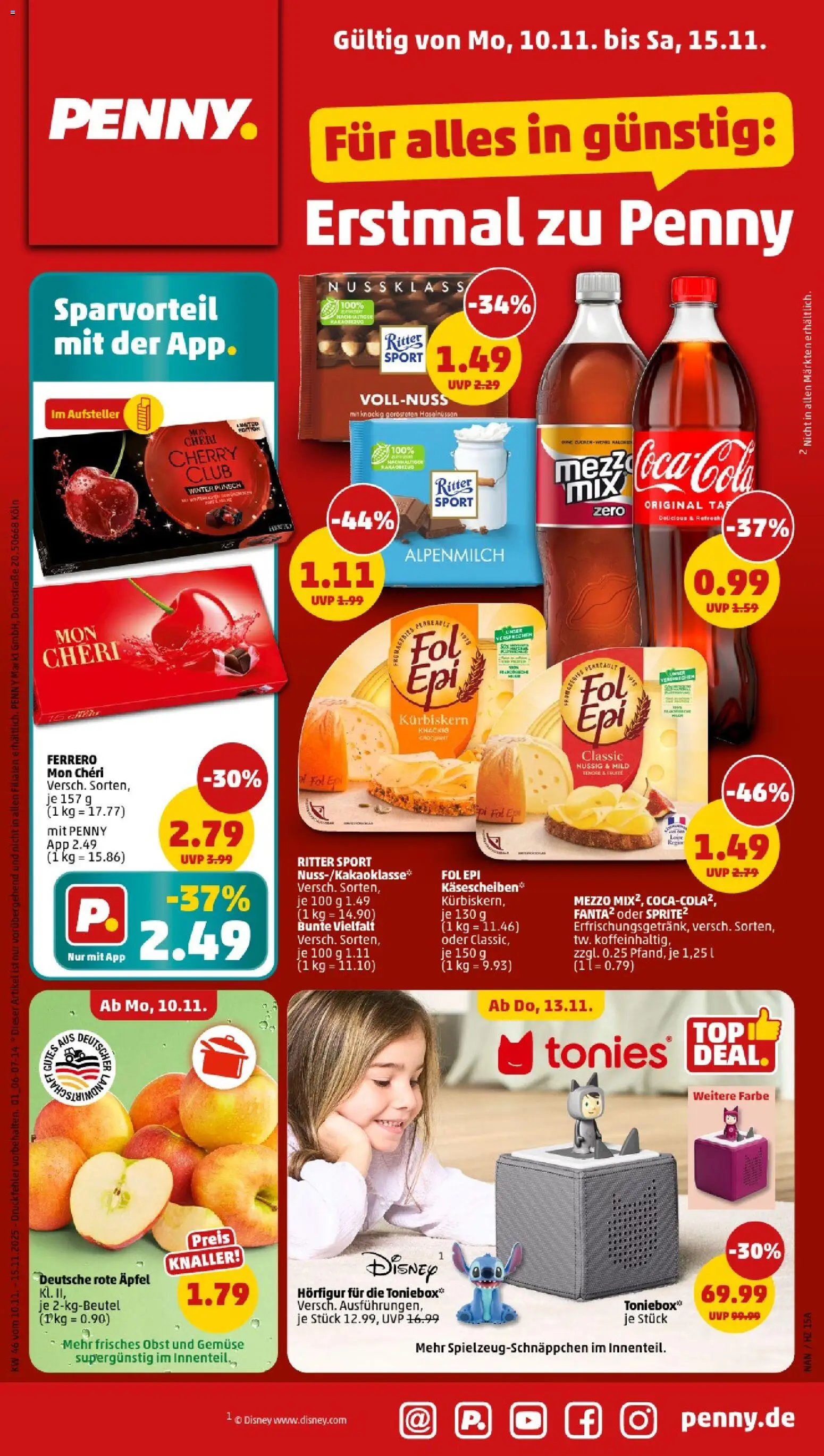 Penny - Saarland – gültig ab 10.11.2025 | Seite: 1 | Produkte: Cola, Ritter sport, Äpfel, Obst
