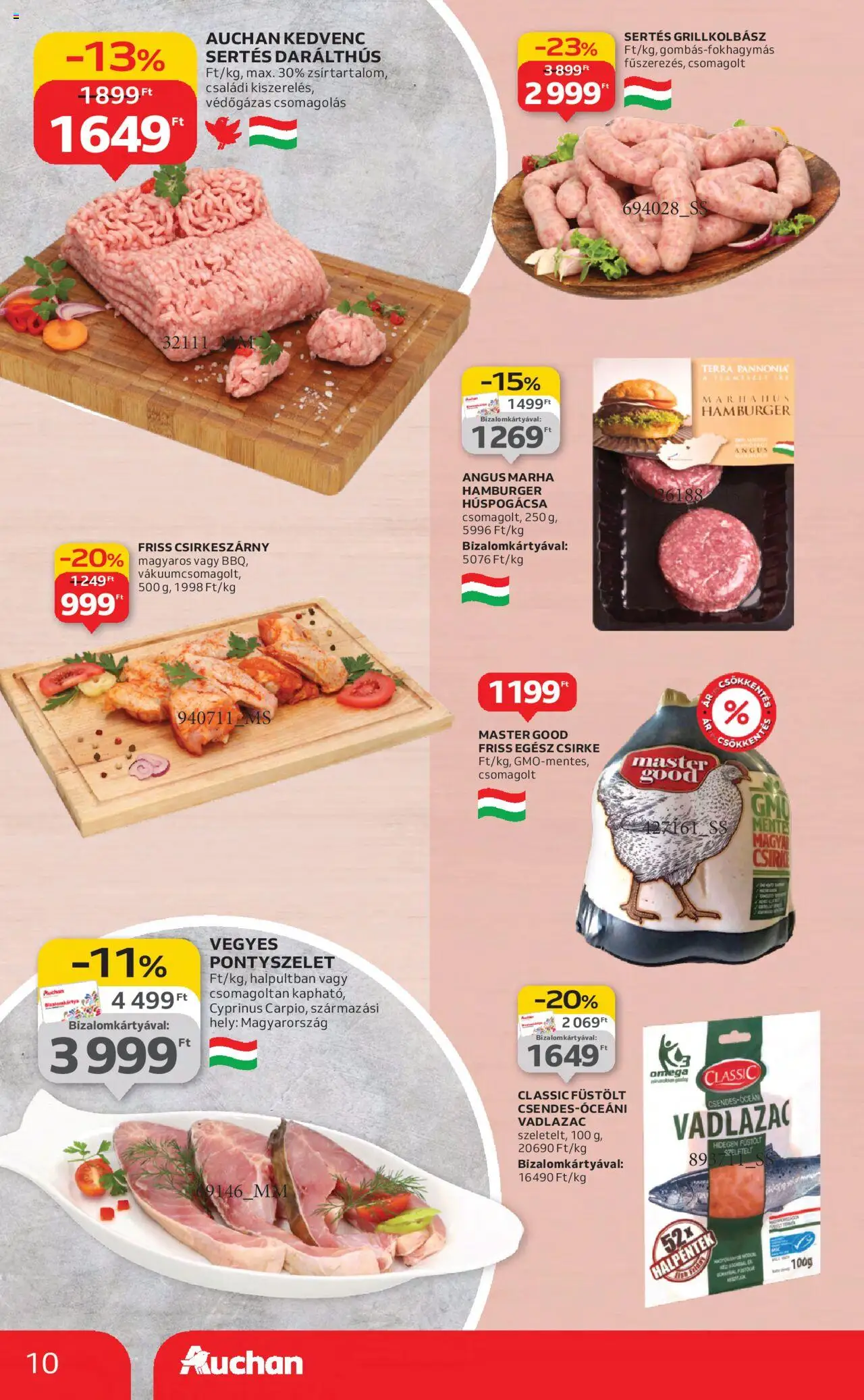 Auchan akciós ujság - amely érvényes a következő dátumtól: 21.08.2025 | Oldal: 10 | Termékek: Hamburger, Grillkolbász, Egész csirke, Marhahús