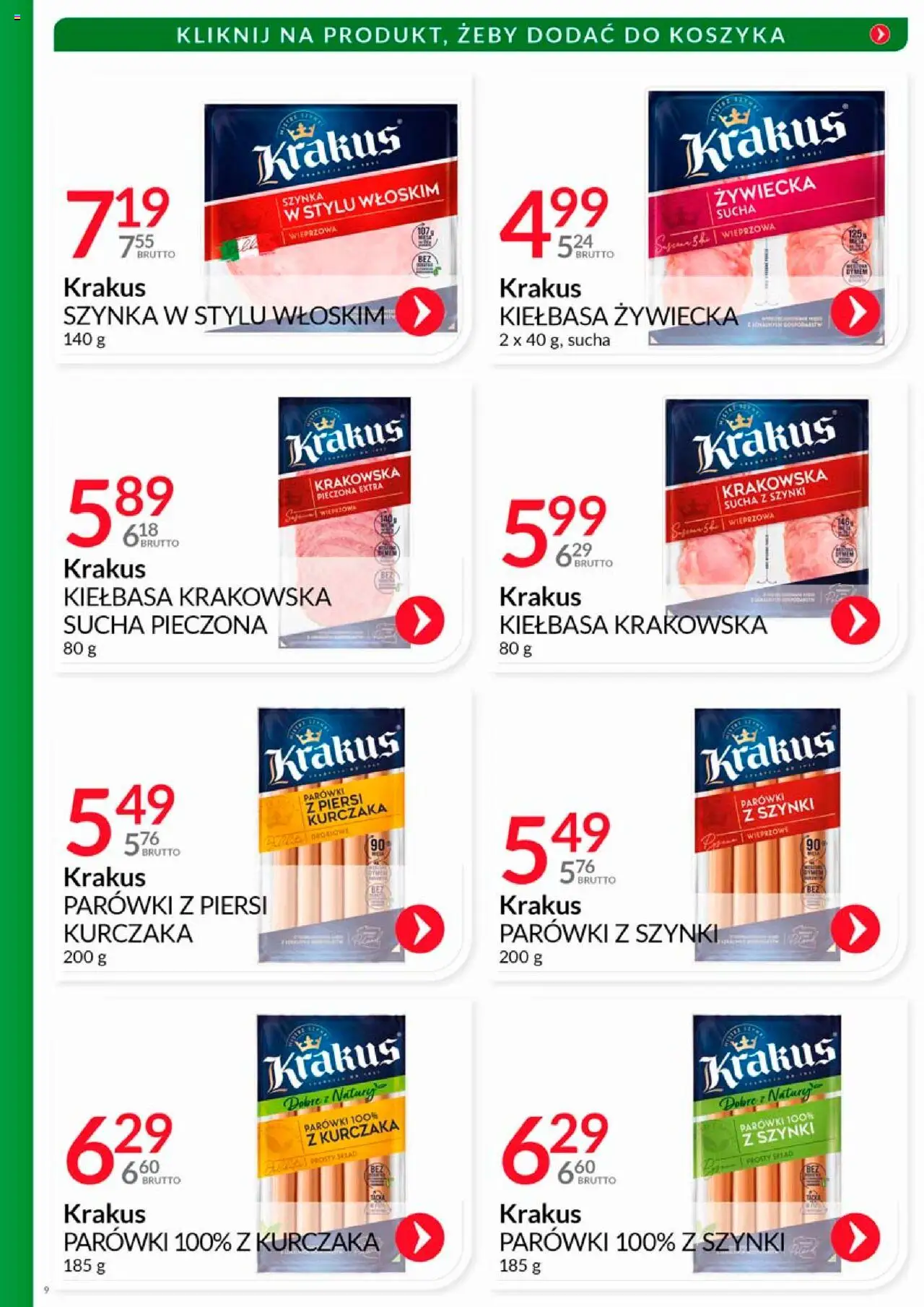 Eurocash Gazetka - Katalog Wędlin od 01.08.2025 | Strona: 9 | Produkty: Kiełbasa, Parówki z szynki, Szynka, Pizza
