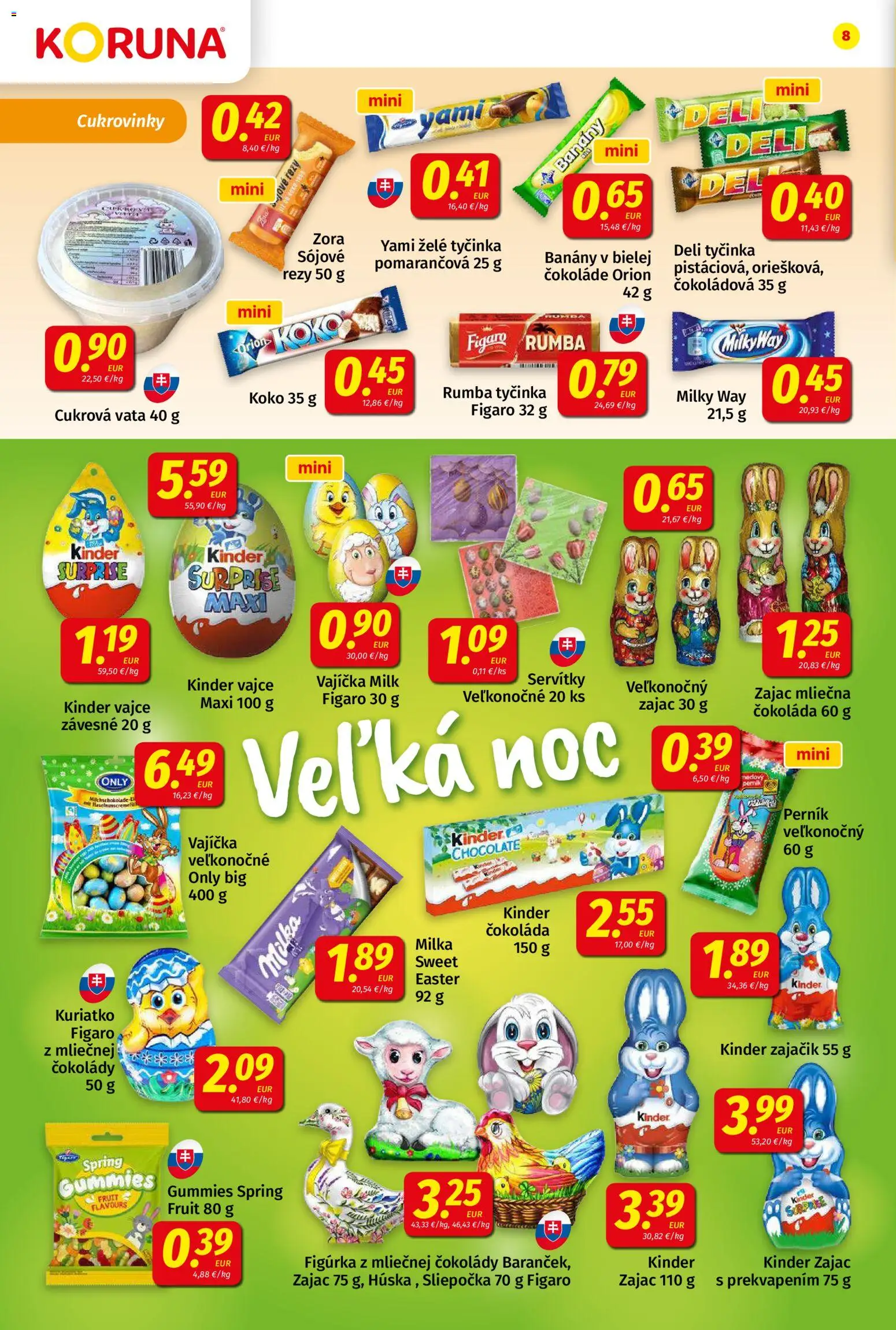 Nové Koruna akcie – leták je platný od 06.03.2026 | Strana: 8 | Produkty: Banány, Kinder Surprise, Čokoláda, Milka