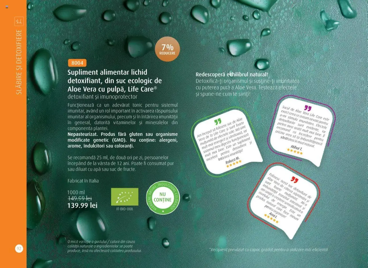 Life Care catalog - Aprilie/Octombrie – valabil de la 01.04.2025 | Pagină: 94 | Produse: Aloe vera, Suc, Apă