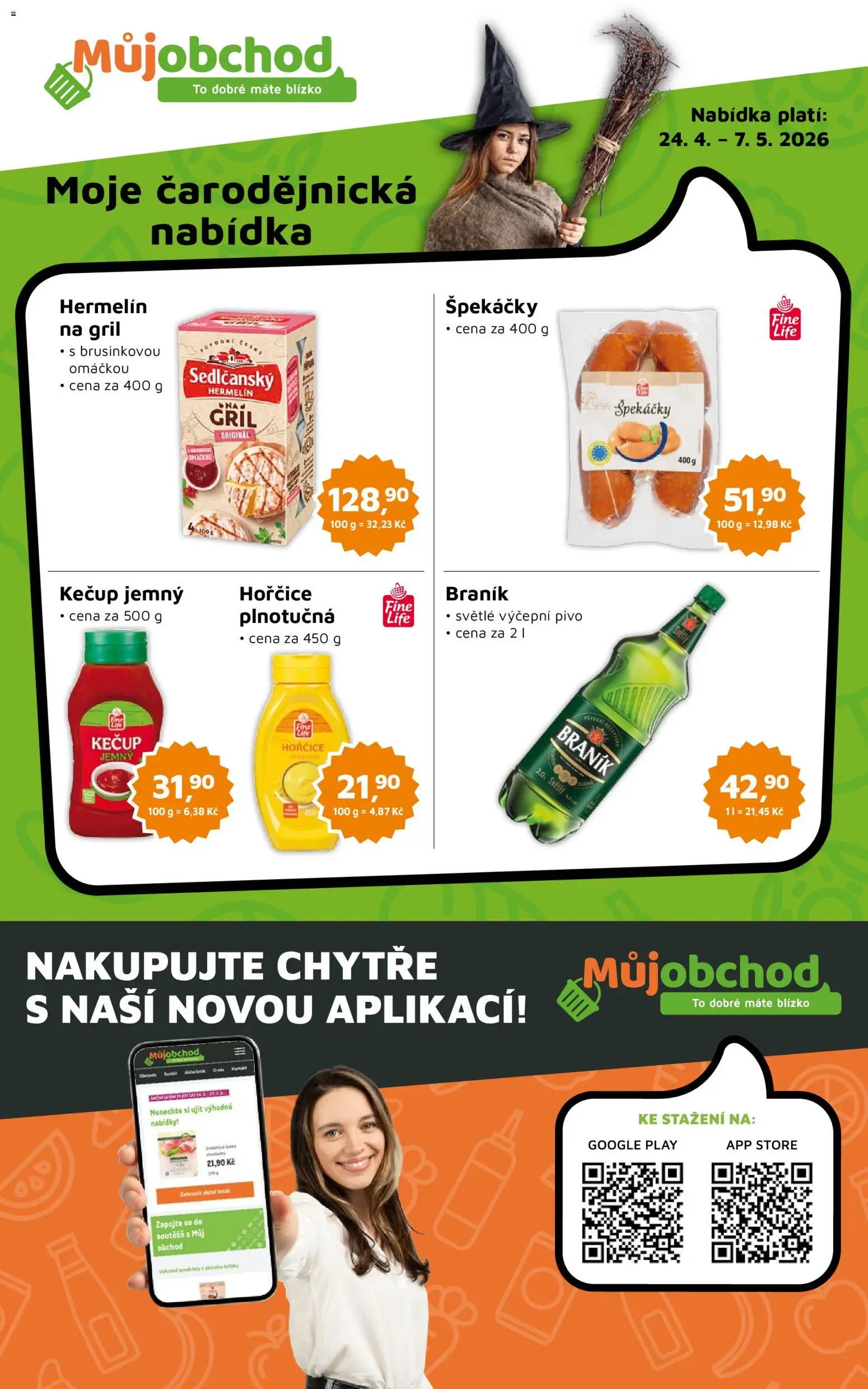 Můj obchod leták od 24.04.2026 | Strana: 1 | Produkty: Pivo, Kečup, Hermelín, Braník