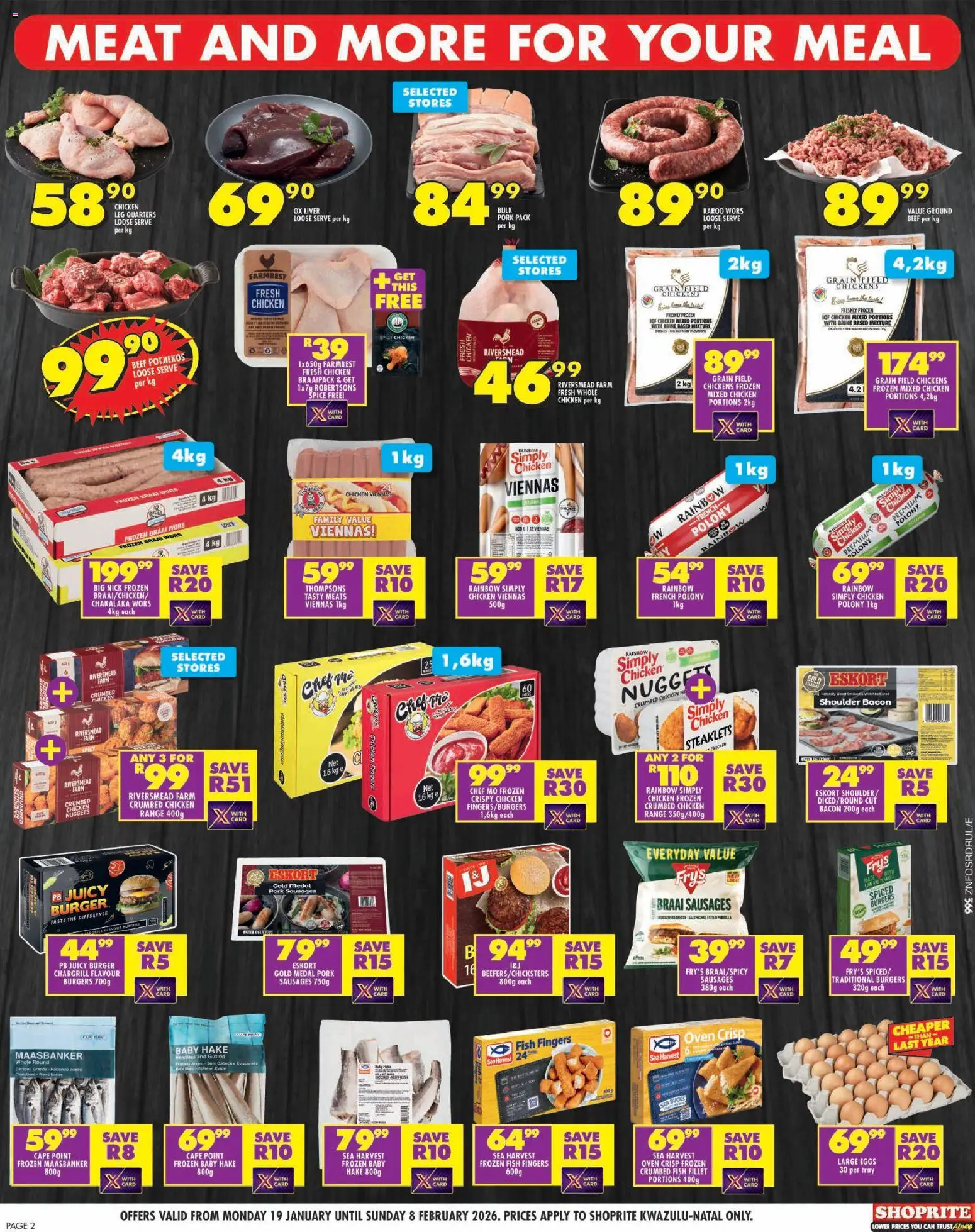 New Shoprite catalogue – valid from 19.01.2026 | Page: 2 | Products: Eggs, Pork, Burgers, Fry's